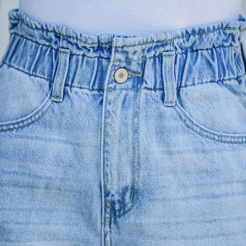 2024 Summer Women's Denim Fashion Vintage Streetwear Stretch Elastic Waist New Crimping Shorts