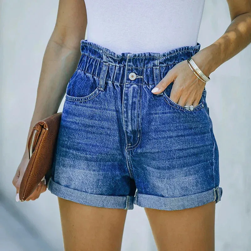 2024 Summer Women's Denim Fashion Vintage Streetwear Stretch Elastic Waist New Crimping Shorts