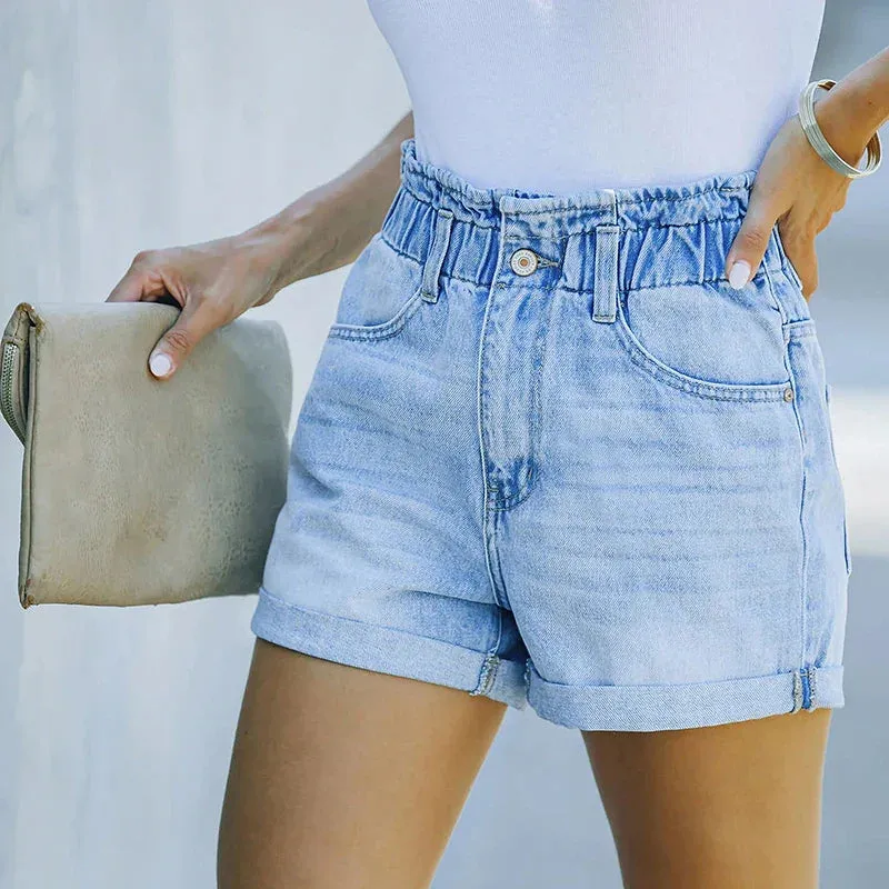 2024 Summer Women's Denim Fashion Vintage Streetwear Stretch Elastic Waist New Crimping Shorts