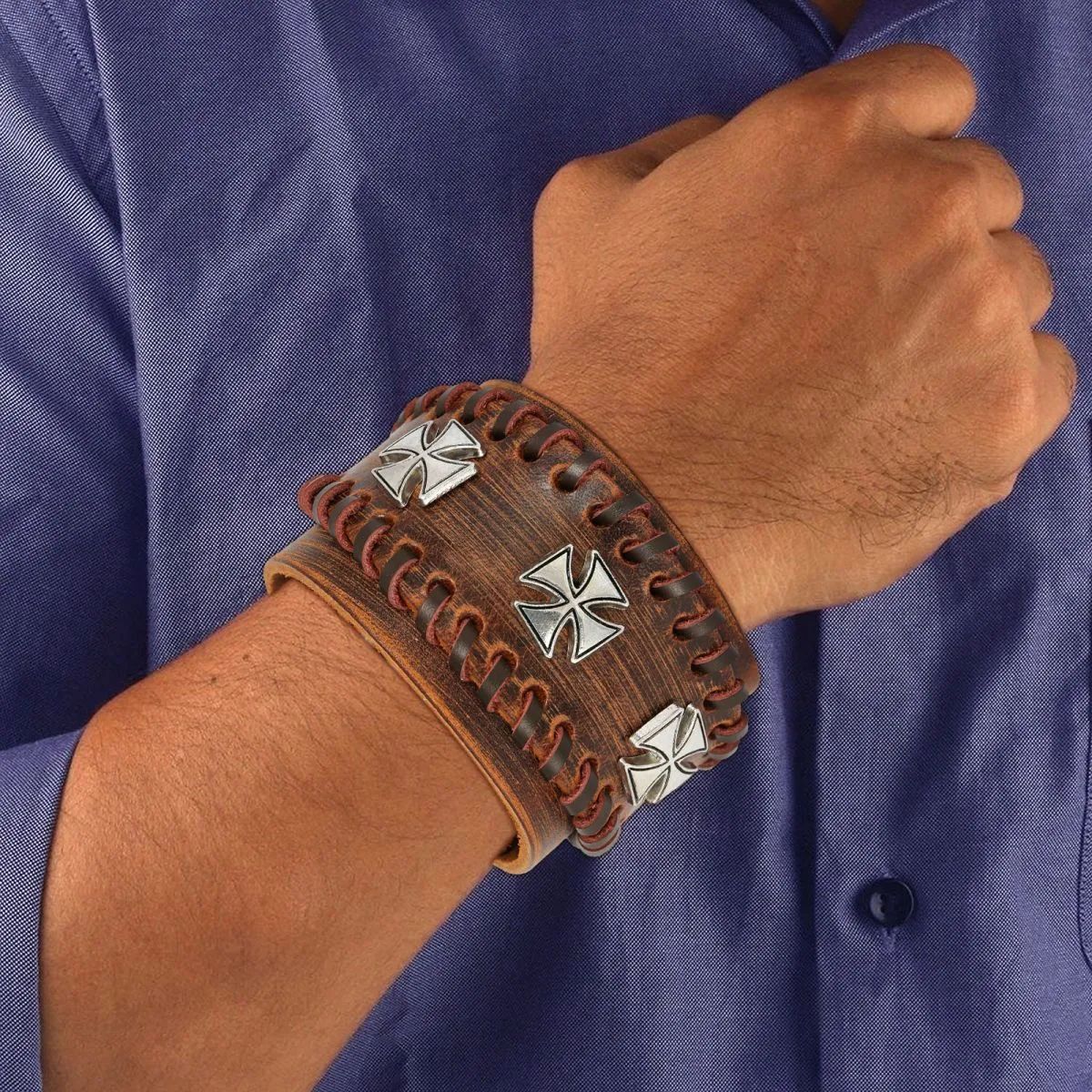 3D Cross Tan Brown Handcrafted Leather Wrist Band Strap Biker Bracelet