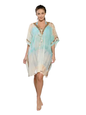 A turquoise to flesh tie dye kaftan with sparkling details