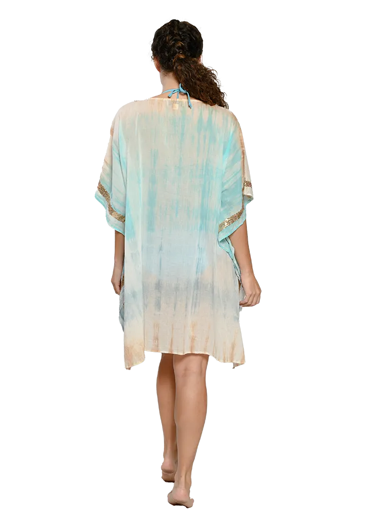 A turquoise to flesh tie dye kaftan with sparkling details