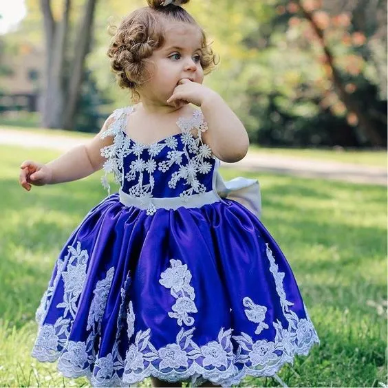 Ball Gown Spaghetti Straps Royal Blue Satin Flower Girl Dresses with Appliques, TYP1069