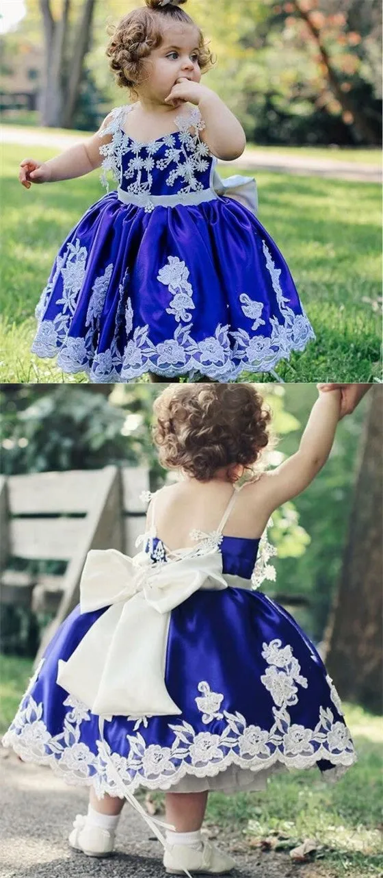 Ball Gown Spaghetti Straps Royal Blue Satin Flower Girl Dresses with Appliques, TYP1069