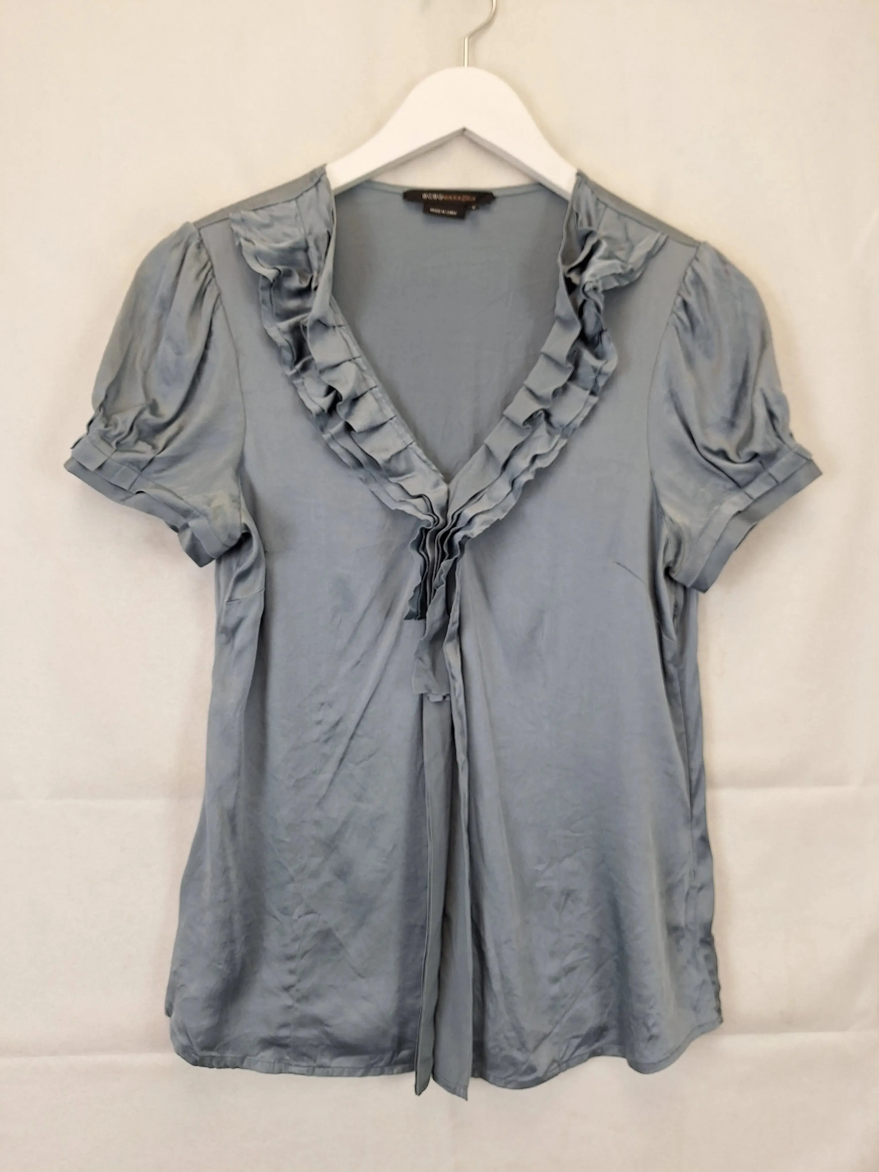 BCBG Max Azria Smokey Blue Office Siren Ruffle Blouse Size S