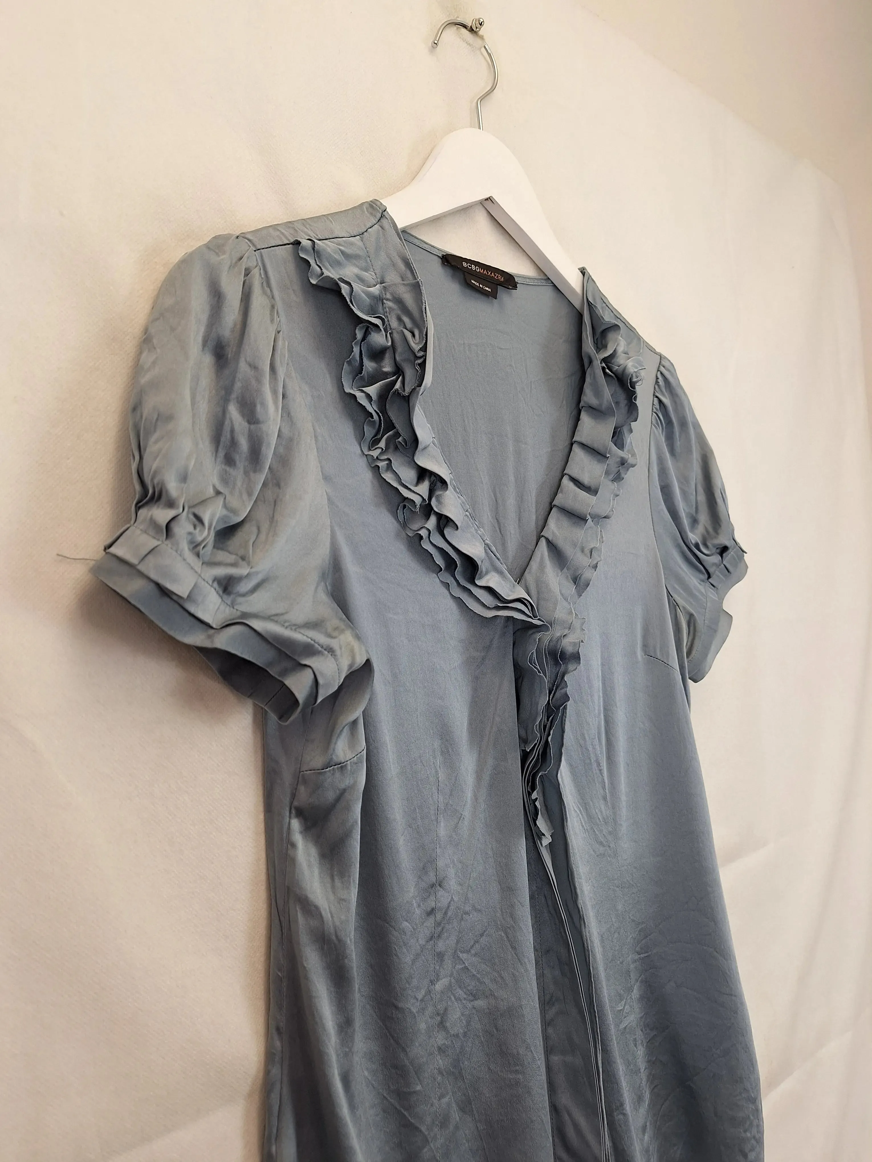 BCBG Max Azria Smokey Blue Office Siren Ruffle Blouse Size S