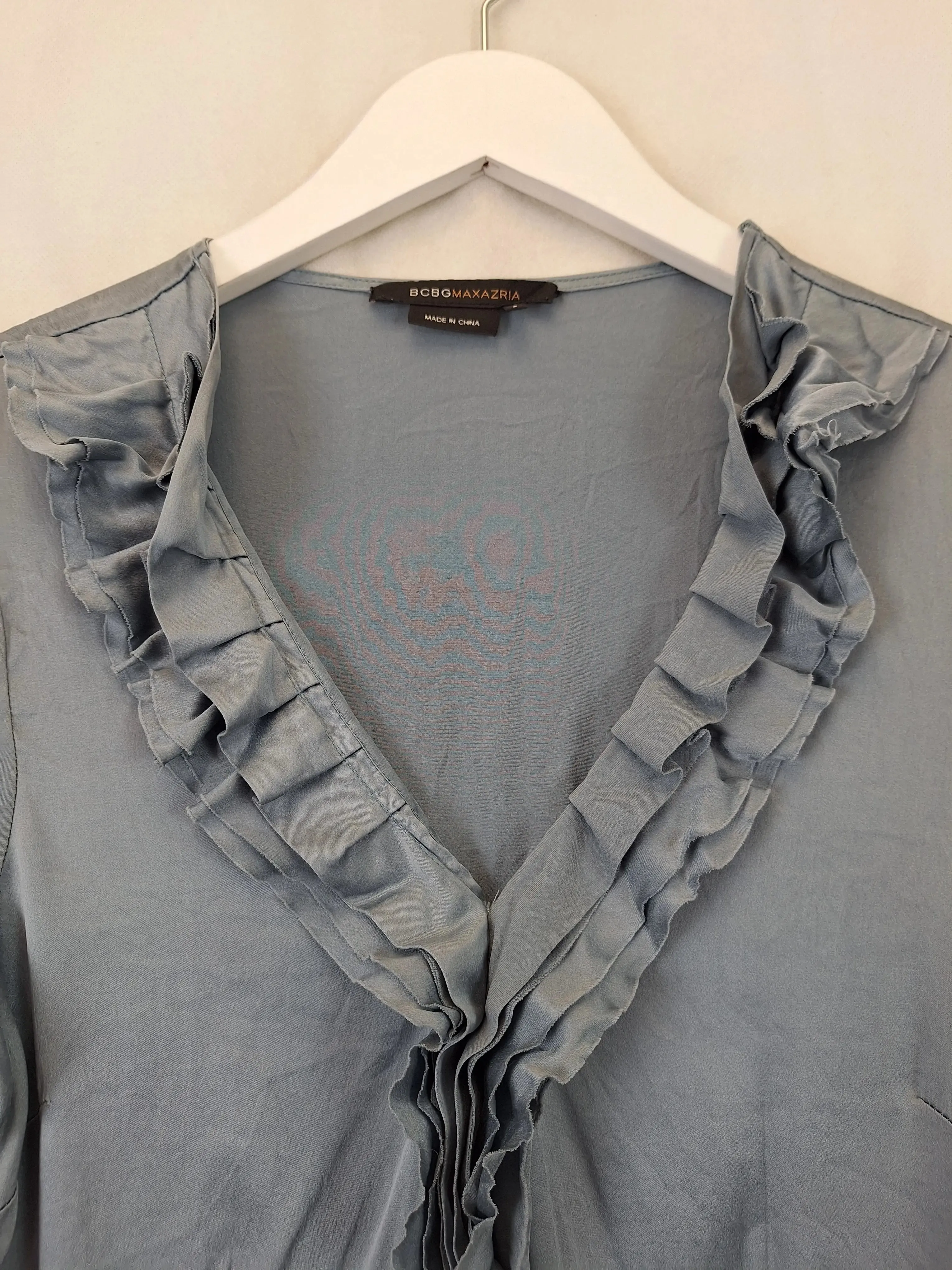 BCBG Max Azria Smokey Blue Office Siren Ruffle Blouse Size S