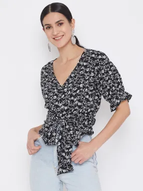 Berrylush Women Black & White Floral Printed Tie Knot Top