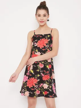 Berrylush Women Black Floral Printed Fit & Flare Mini Dress