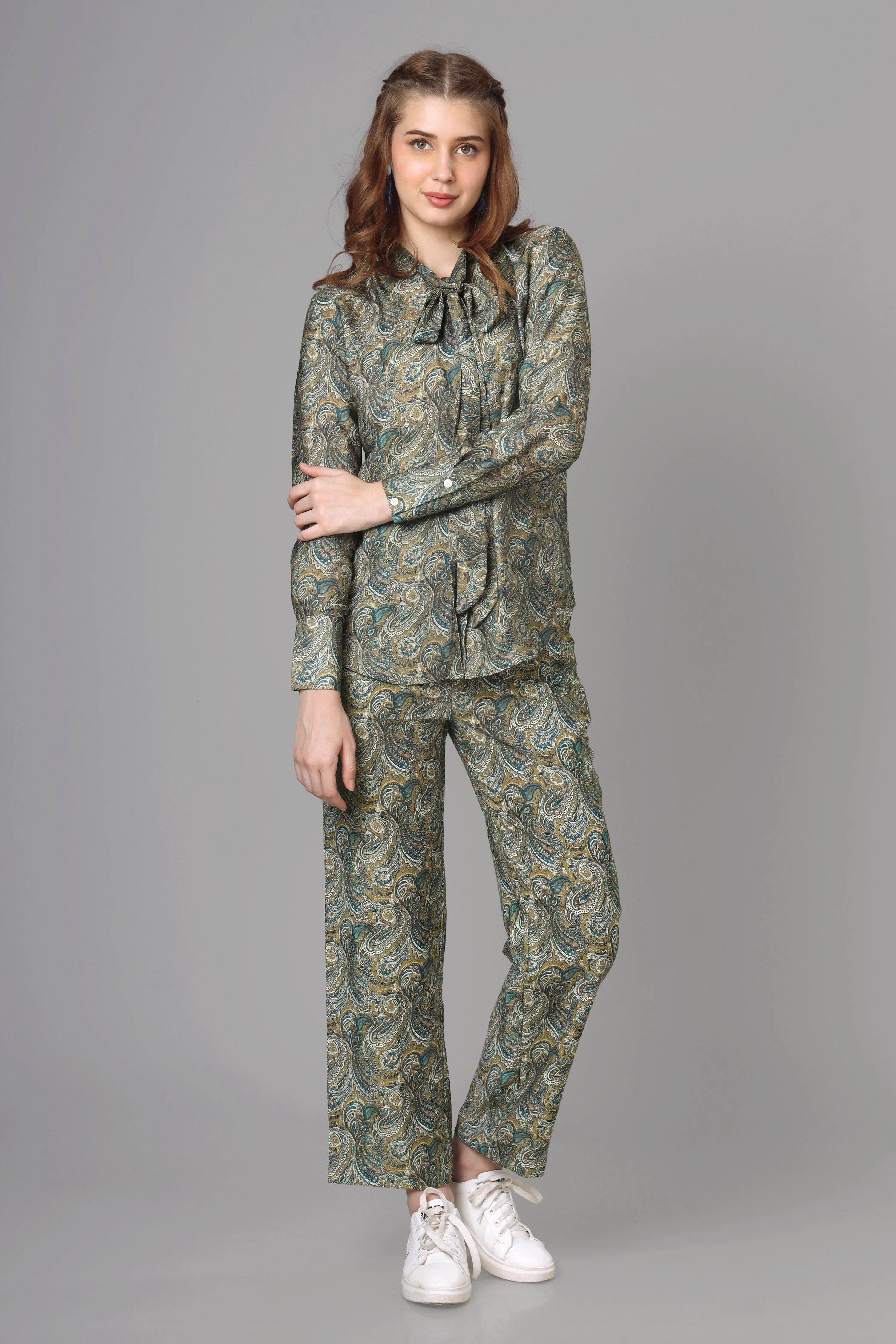 Bestselling Paisley Tie-Up Neck Co-Ord Set For Women