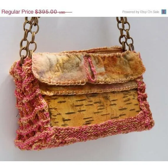 Birch bark with hand knit and cashmere felt accents shoulder clutch hand bag purse.