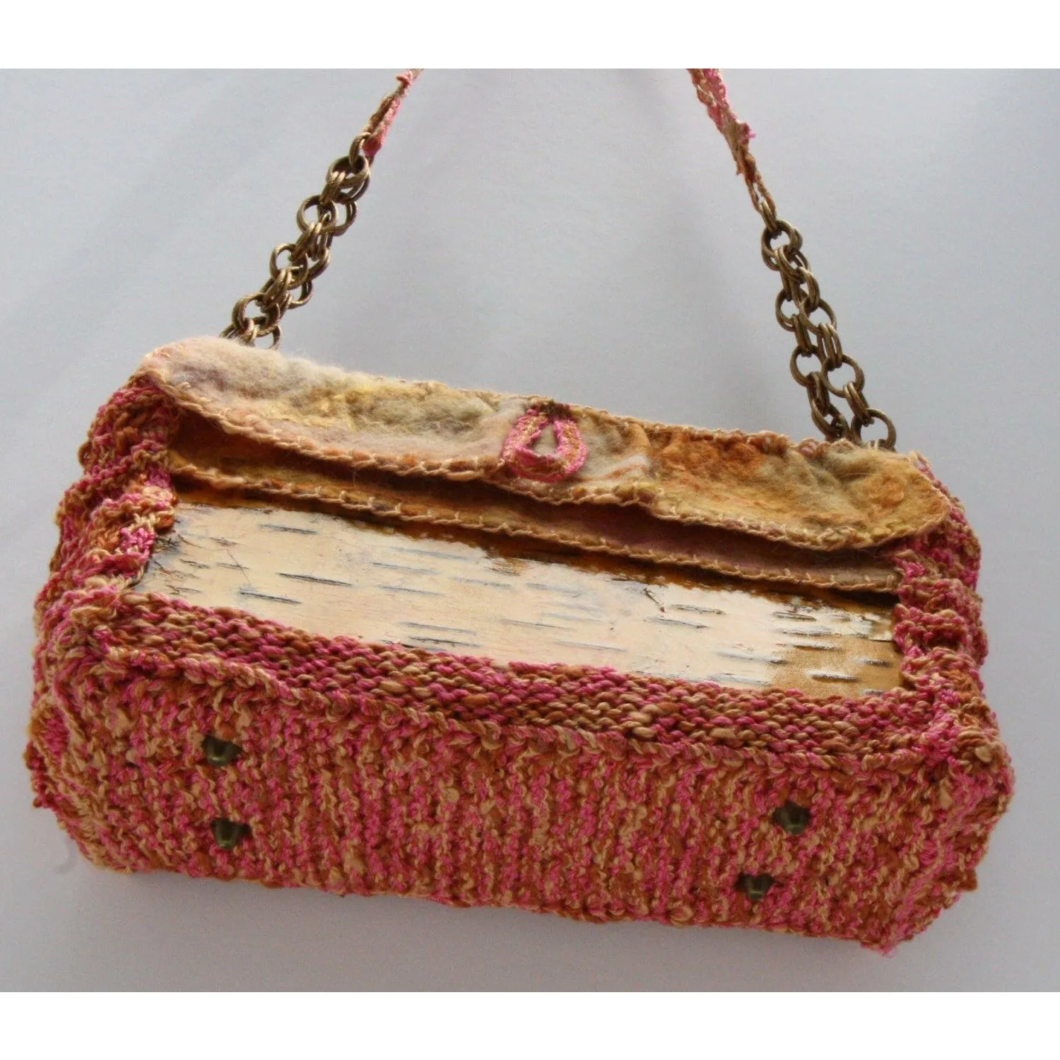 Birch bark with hand knit and cashmere felt accents shoulder clutch hand bag purse.