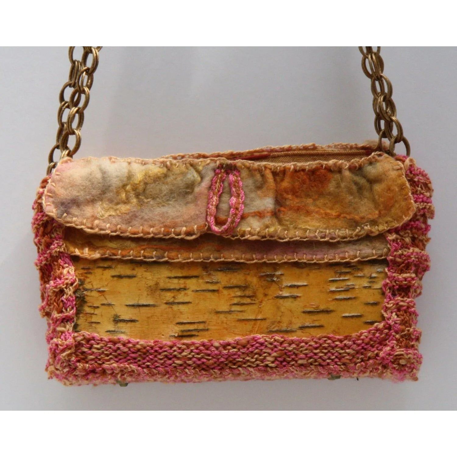 Birch bark with hand knit and cashmere felt accents shoulder clutch hand bag purse.