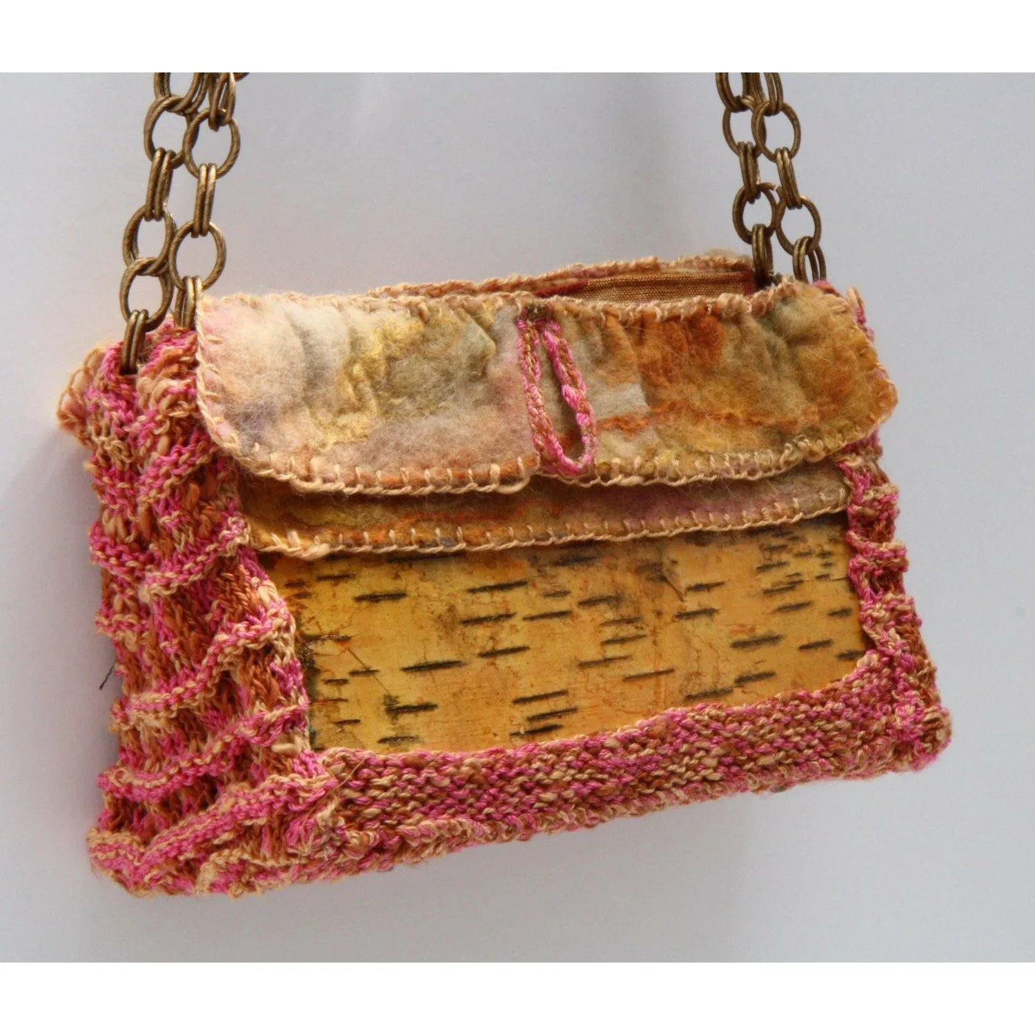 Birch bark with hand knit and cashmere felt accents shoulder clutch hand bag purse.