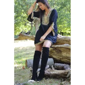 Black with Gold Embroidery Tunic- Autumn Moroccan Boho Tunic