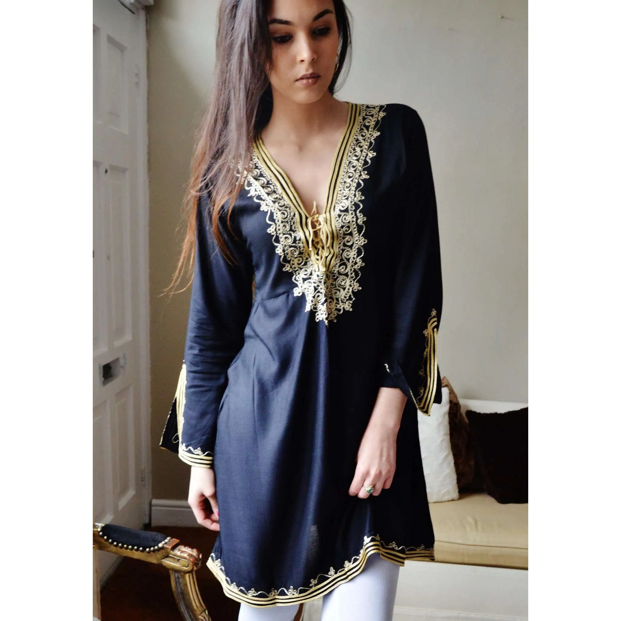 Black with Gold Embroidery Tunic- Autumn Moroccan Boho Tunic