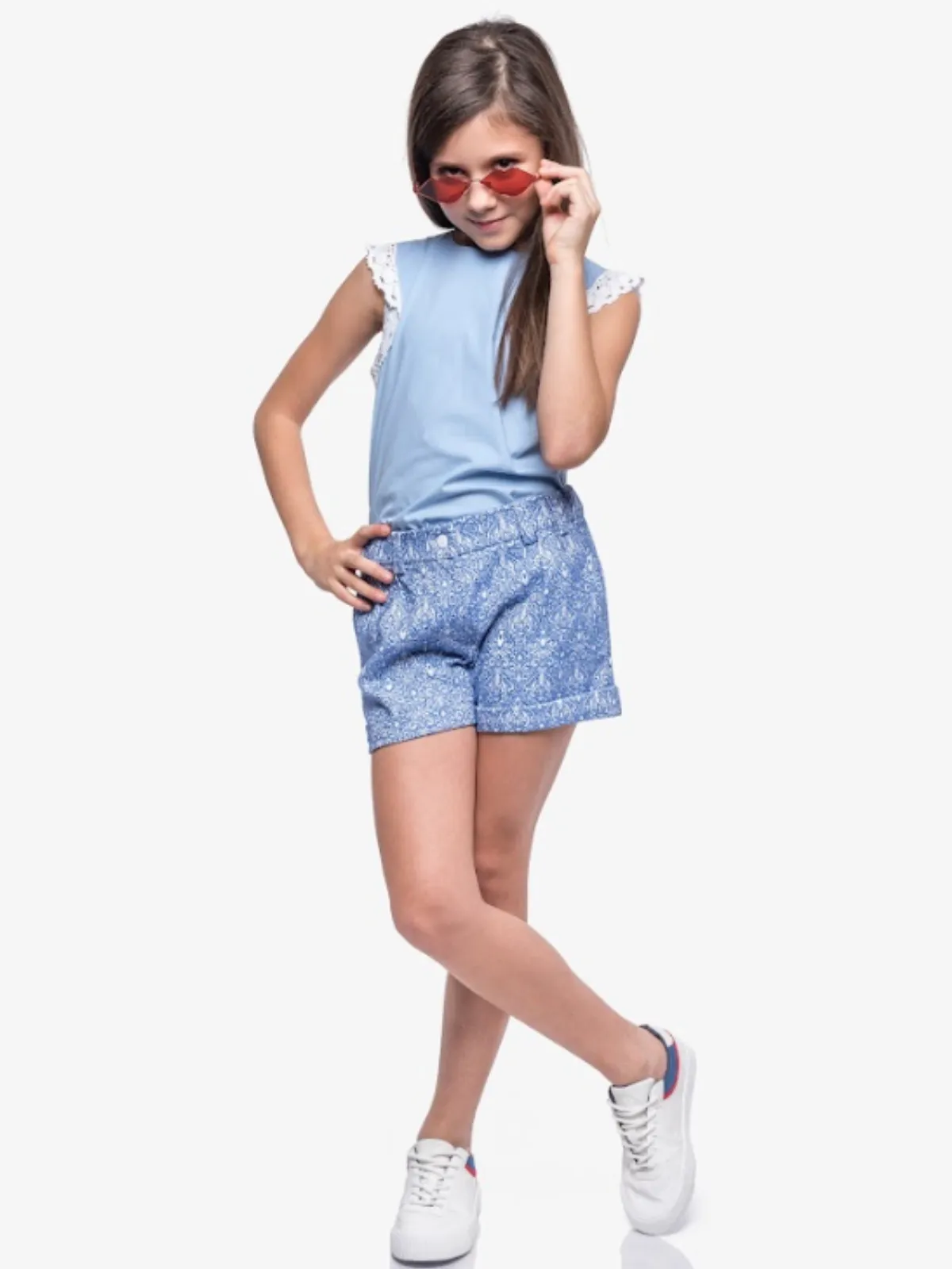 Blue Jacquard Pleated Shorts by Kids Couture