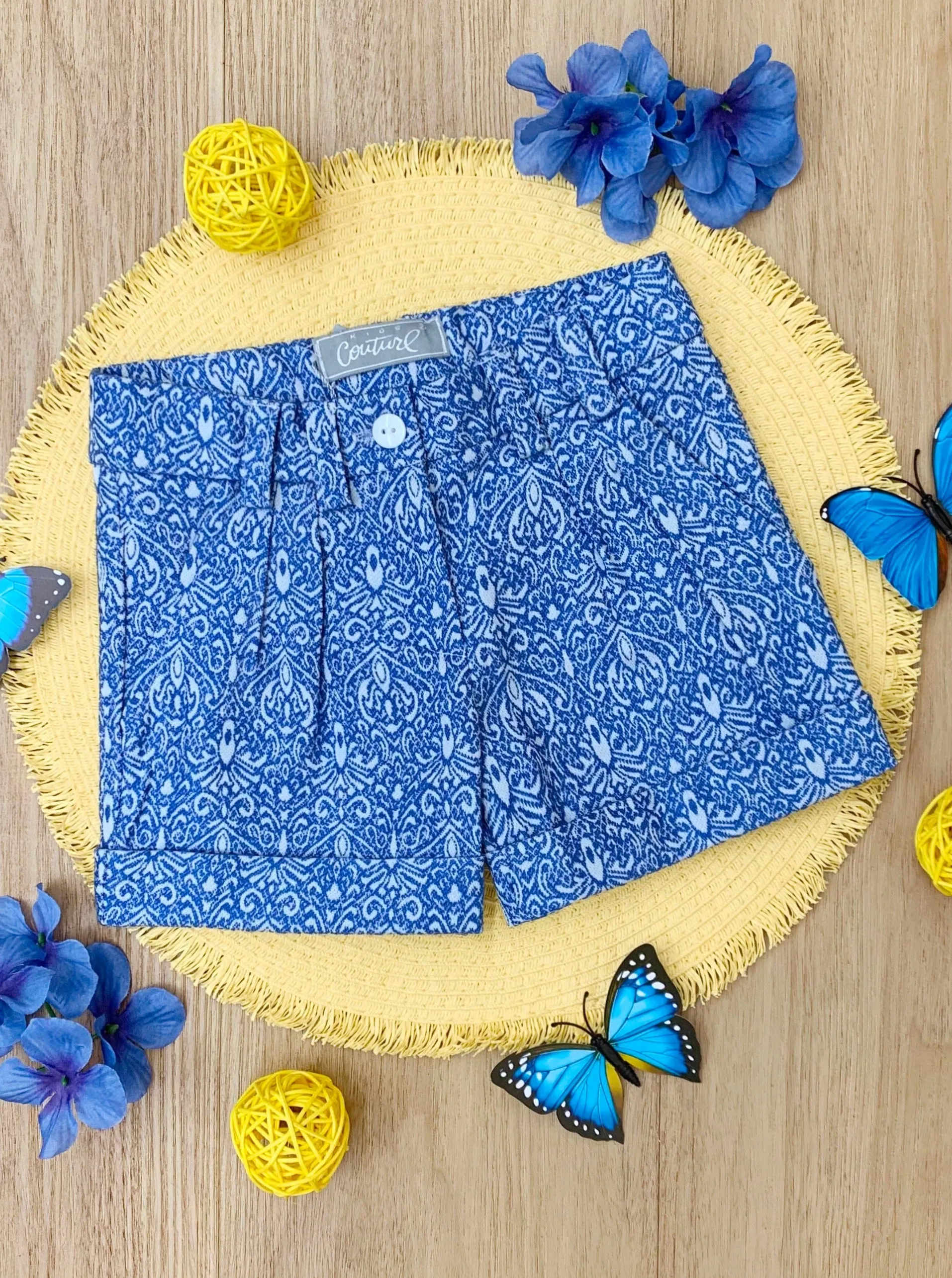 Blue Jacquard Pleated Shorts by Kids Couture