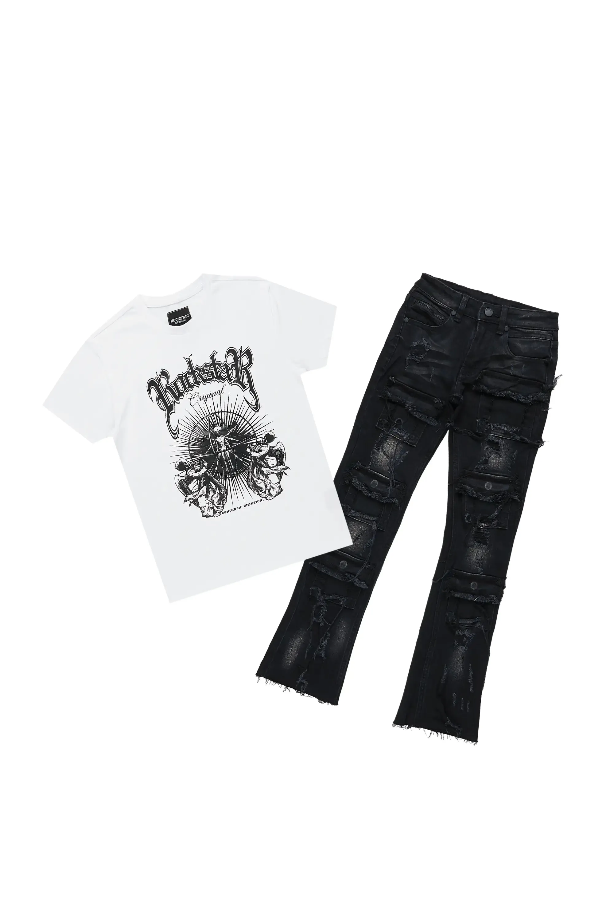 Boys Adeben White/Black T-Shirt Super Stacked Flare Jean Set