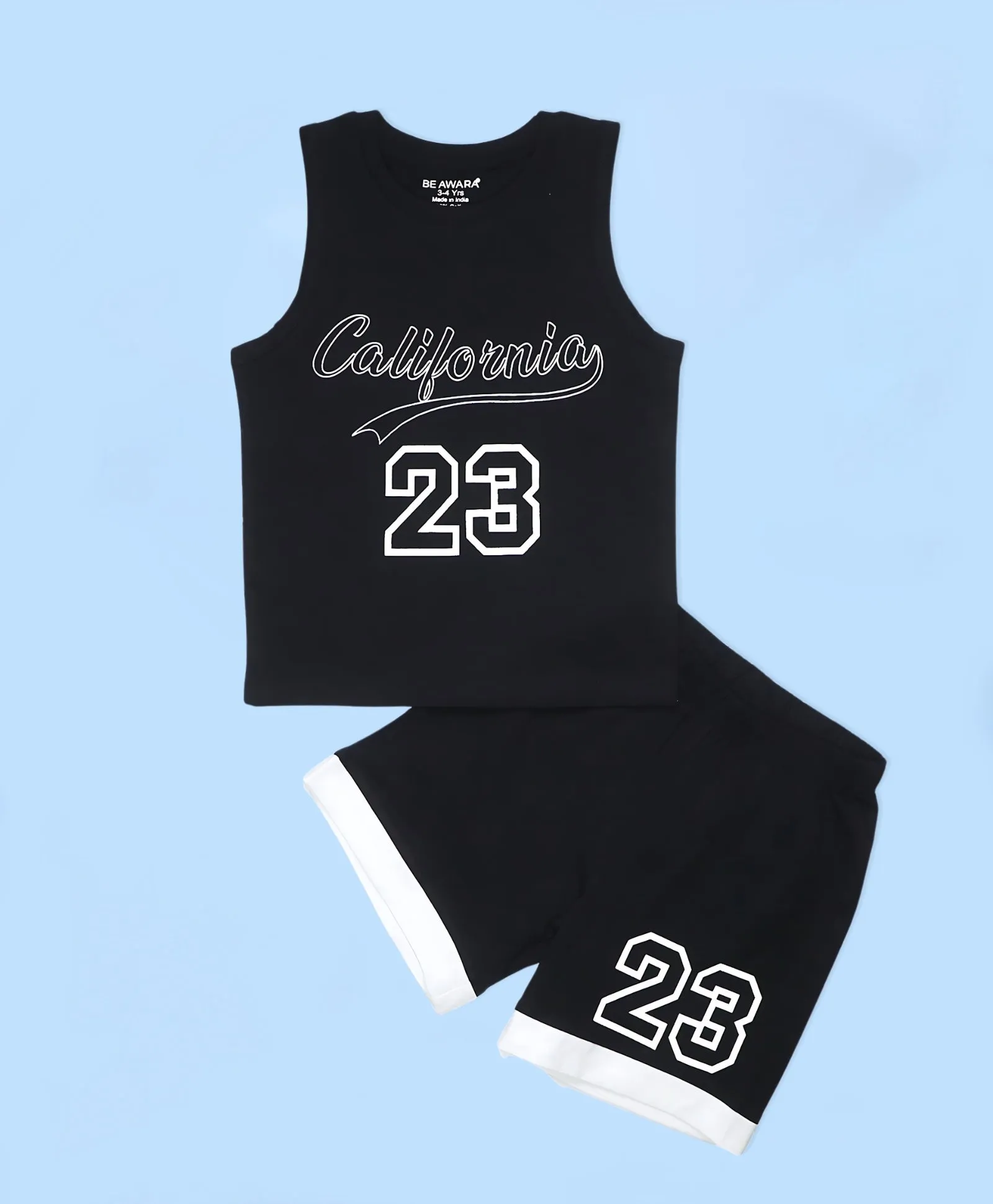 Boys California Print Trim Tank Top Jersey & Shorts Set