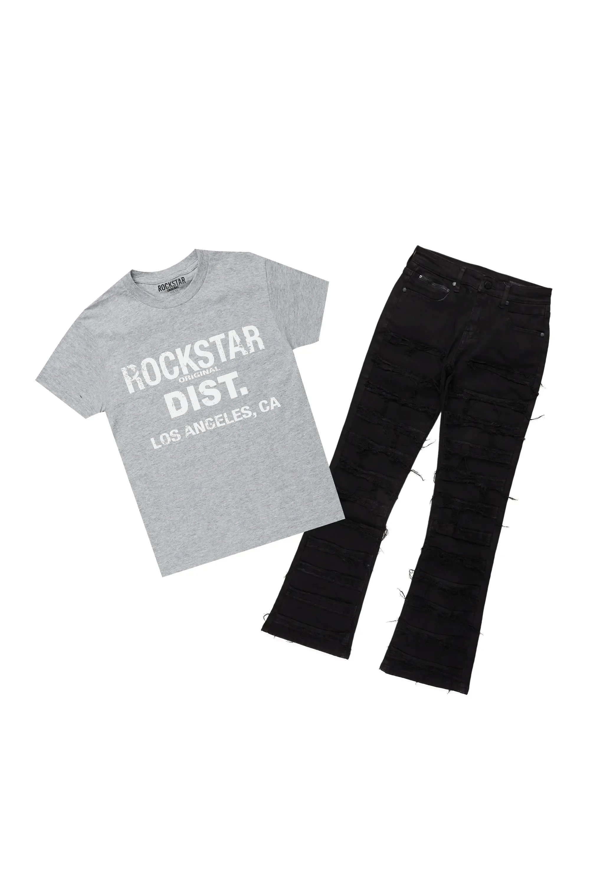 Boys Eliot Grey/Black T-Shirt/Stacked Flare Jean Set