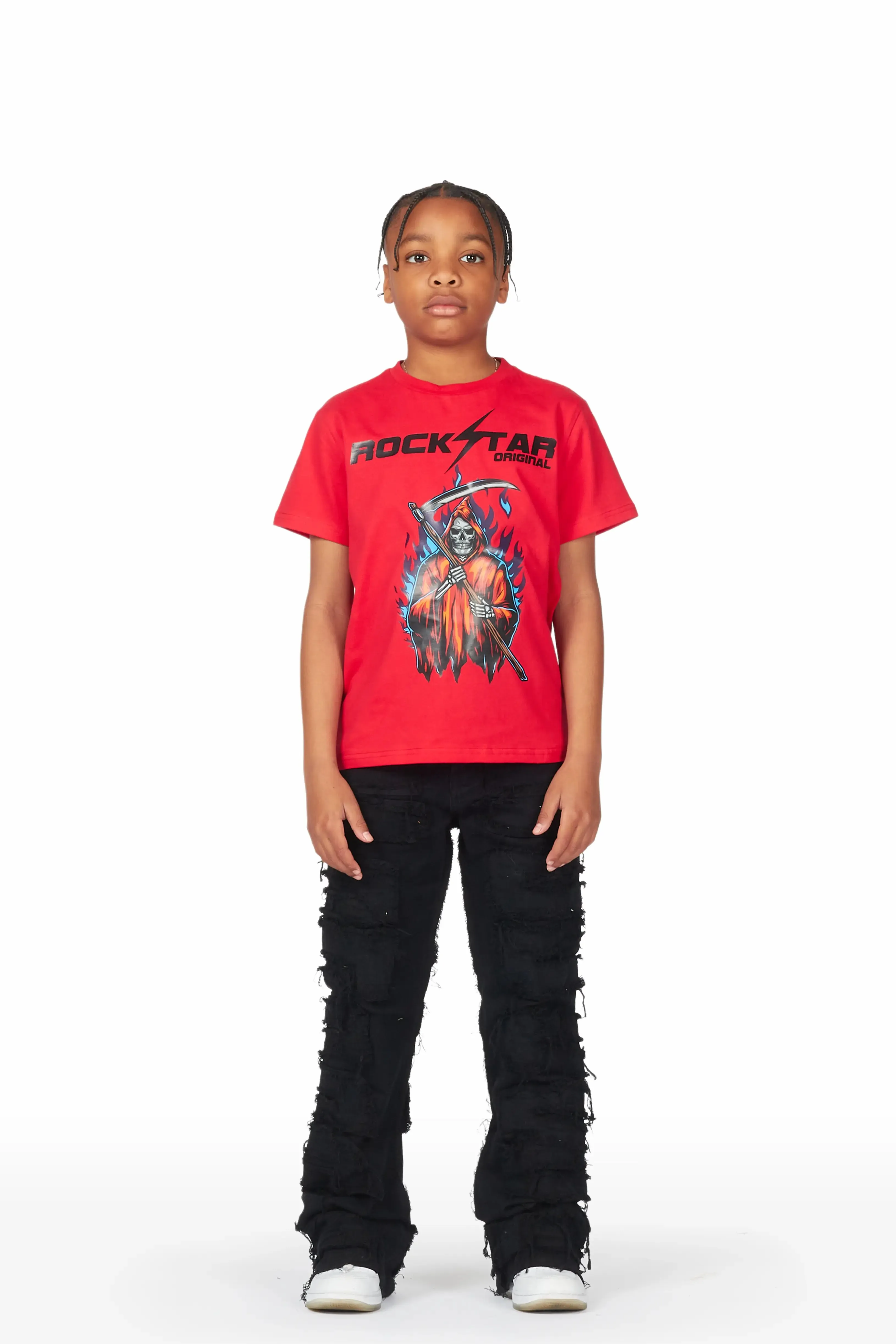 Boys Faber Red/Black T-Shirt/Stacked Flare Jean Set