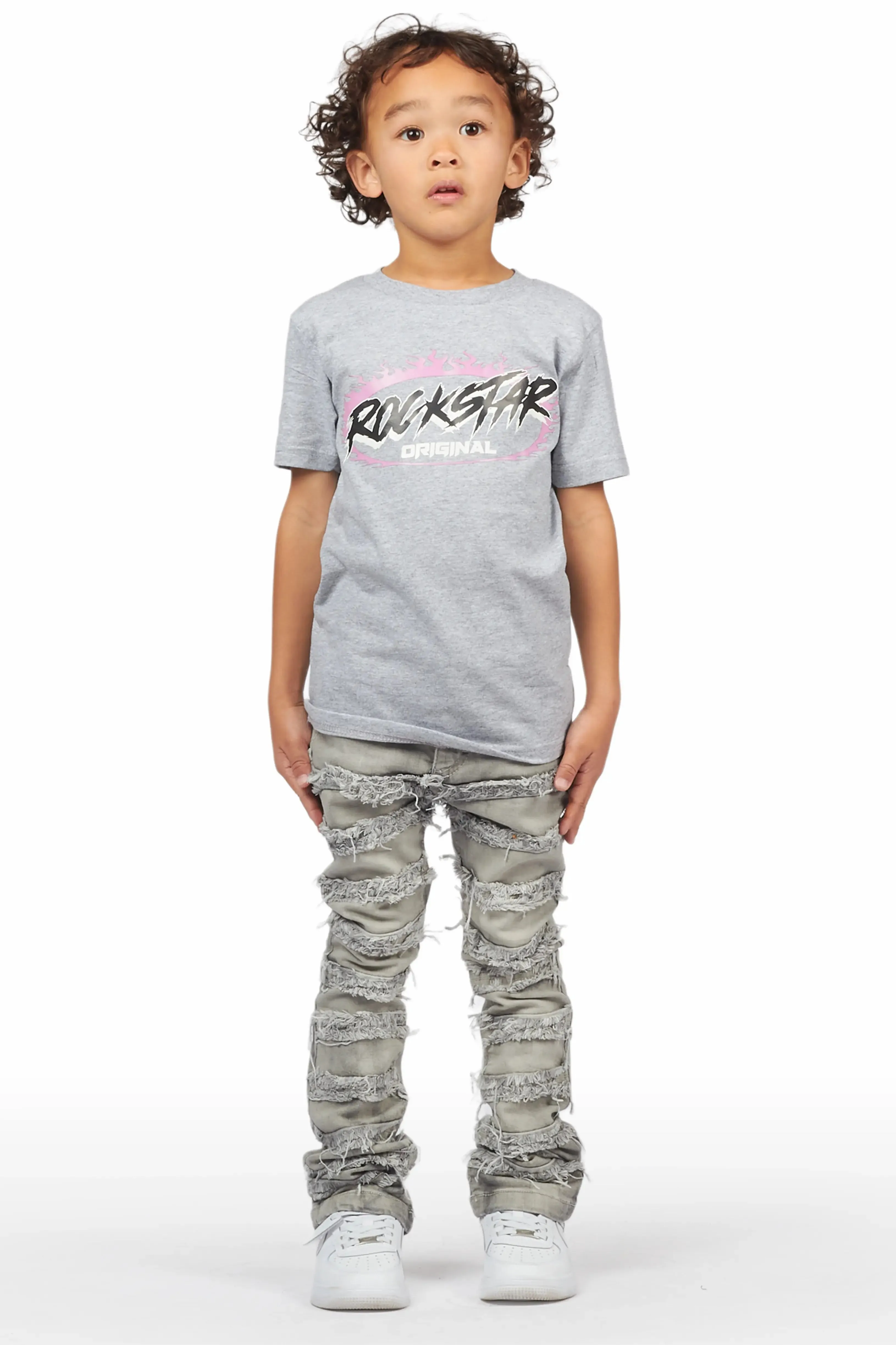 Boys Kaiko Grey T-Shirt/Frayed Skinny Stacked Flare Jean Set