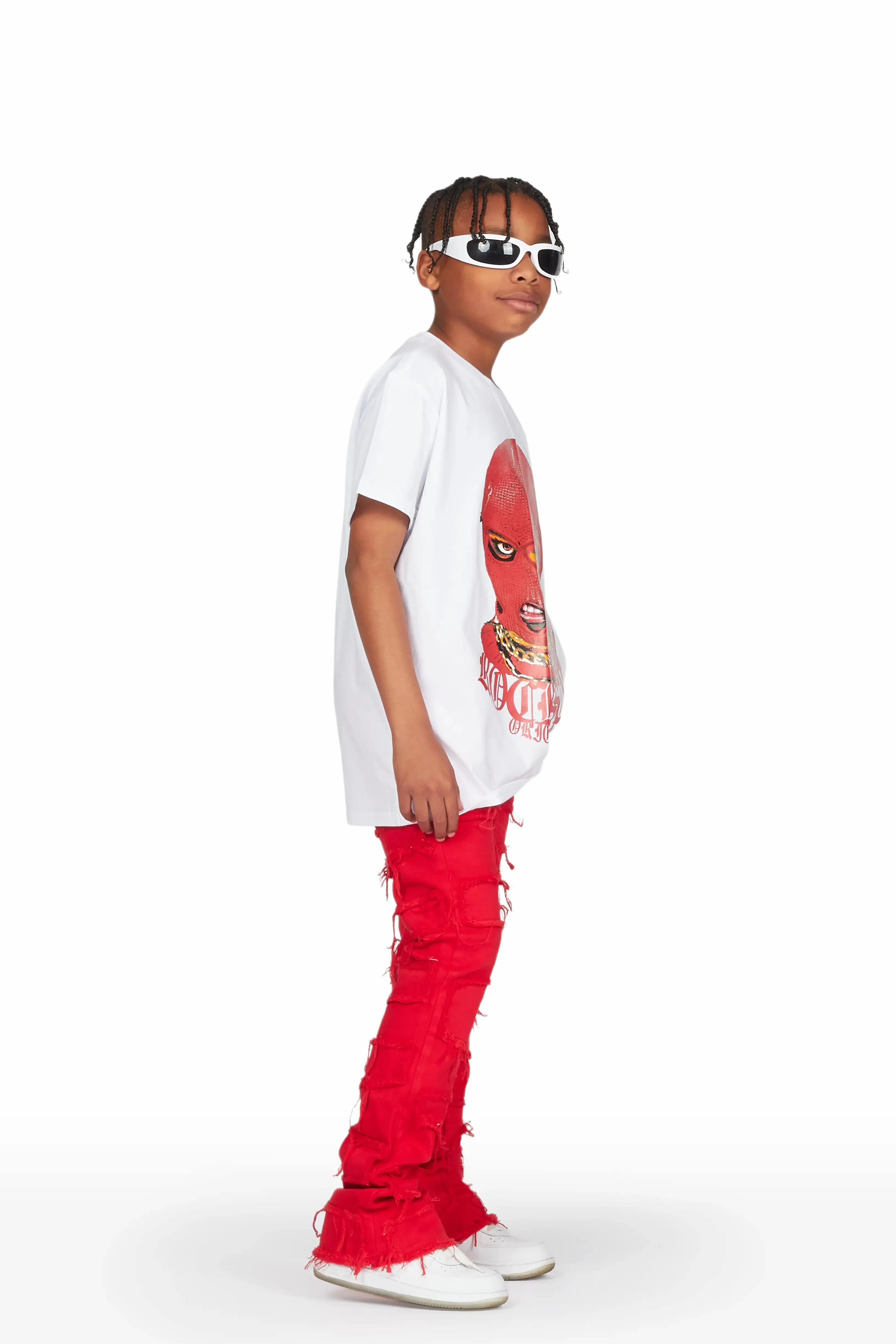 Boys Musa White/Red T-Shirt/Stacked Flare Jean