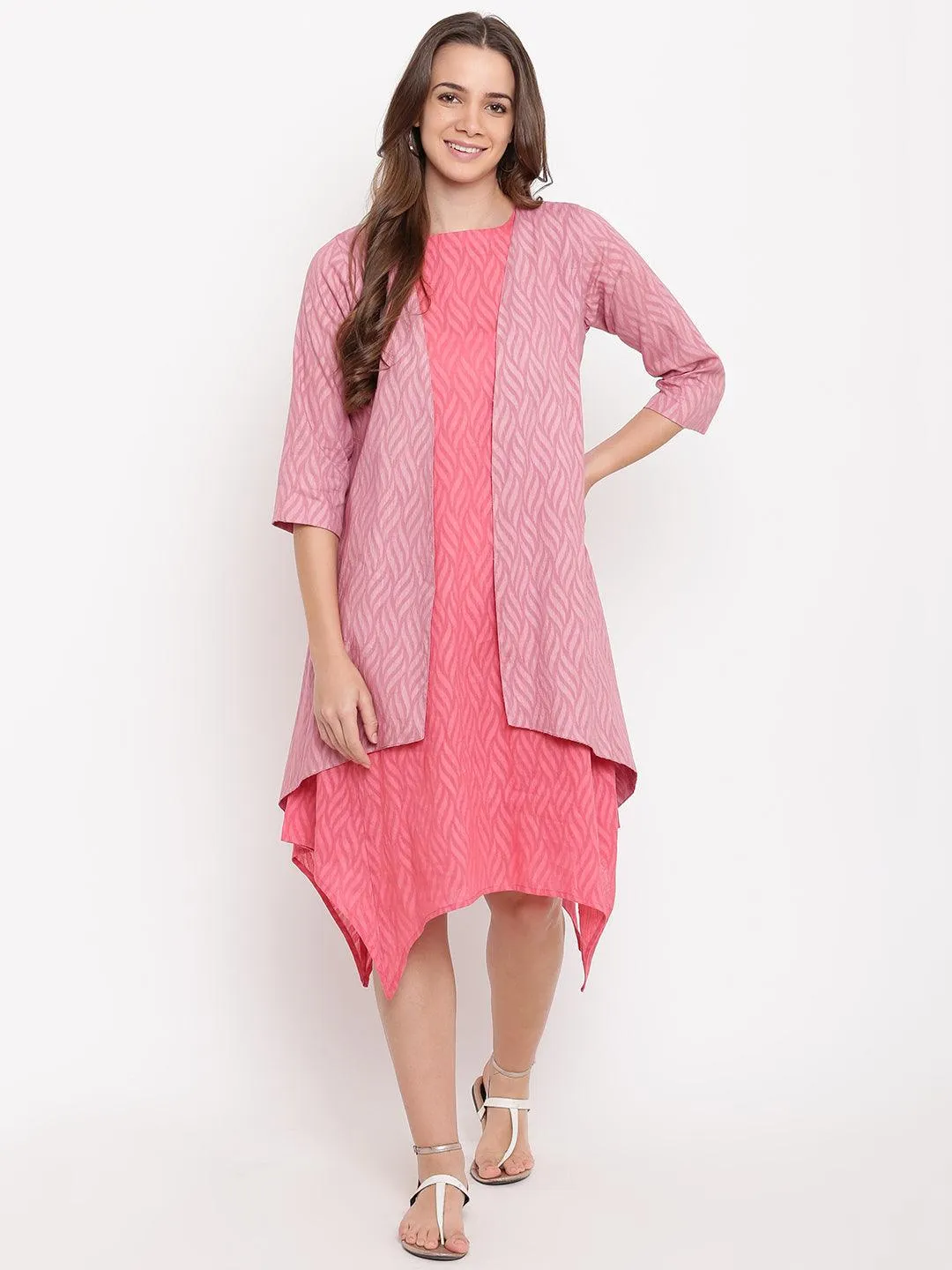 Brick Pink Dobby Asymmetric Dress Reversible Jacket