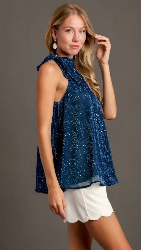 Celebration Sequin Tie Neck Top Midnight