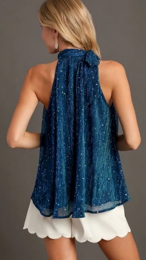 Celebration Sequin Tie Neck Top Midnight