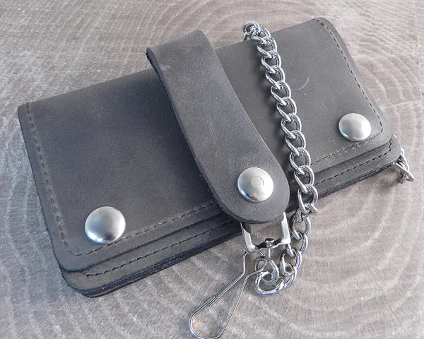 Chain Wallet Smoke Grey Trifold Leather Soft