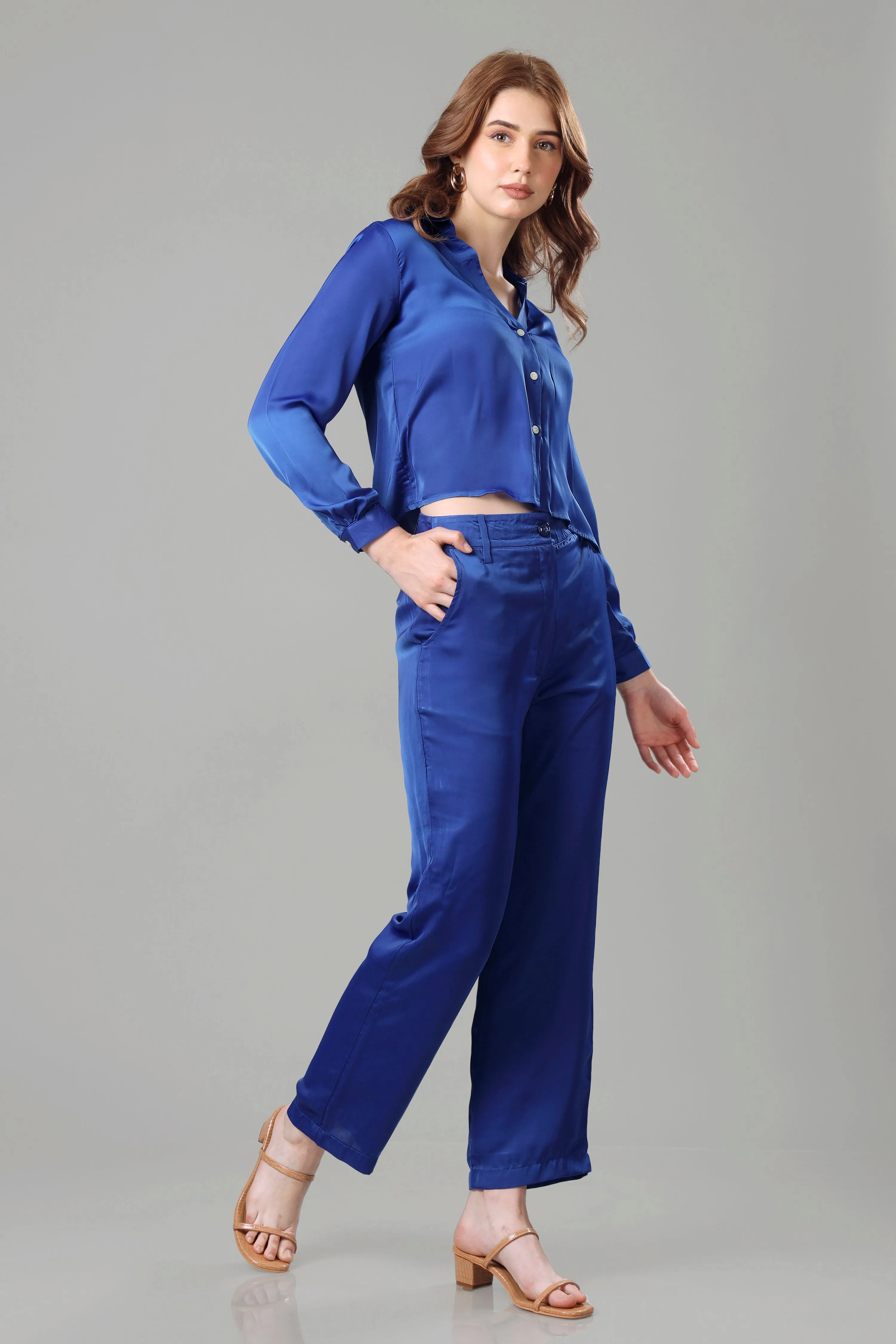 Cool Blue Copeed Shirt Co-Ord Set For Women