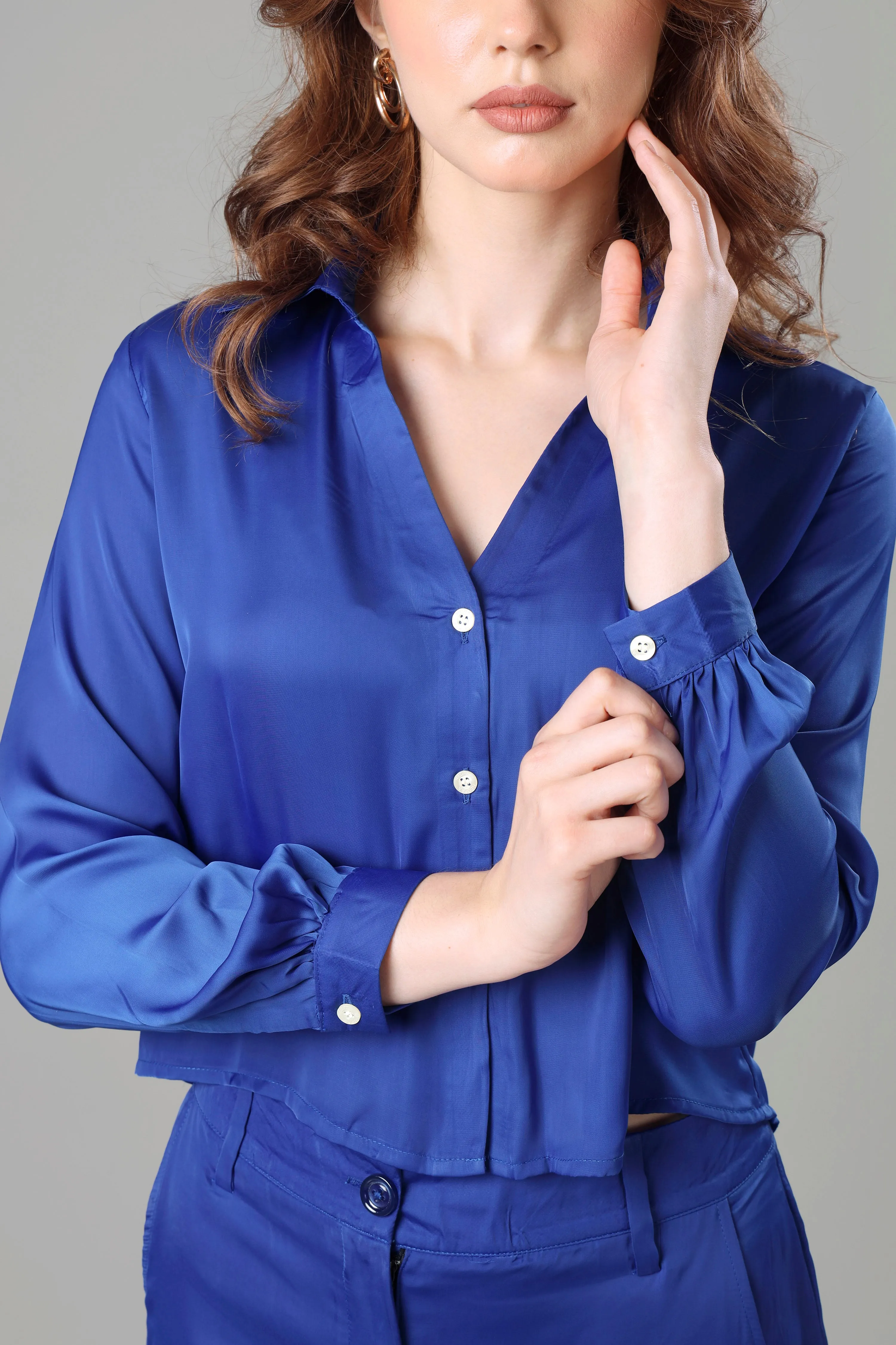 Cool Blue Copeed Shirt Co-Ord Set For Women