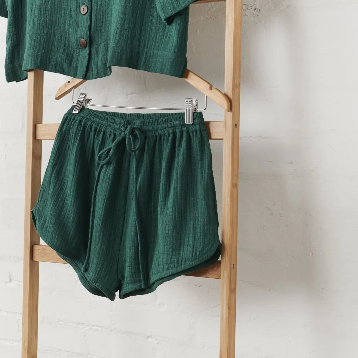 Cotton Crop Button Up   Short PJ Set - Hunter Green