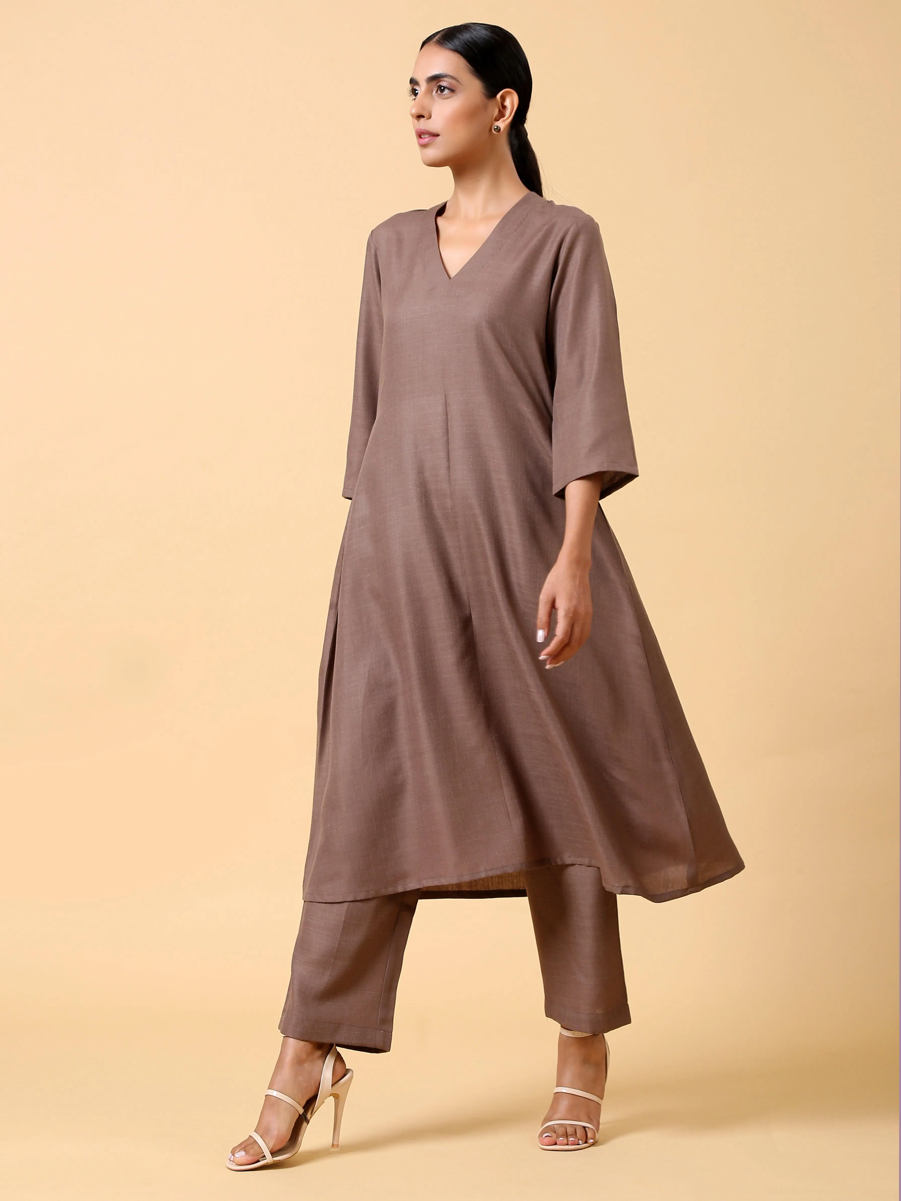 Cotton Linen Burnt Brown Kurta Pant Set | Relove