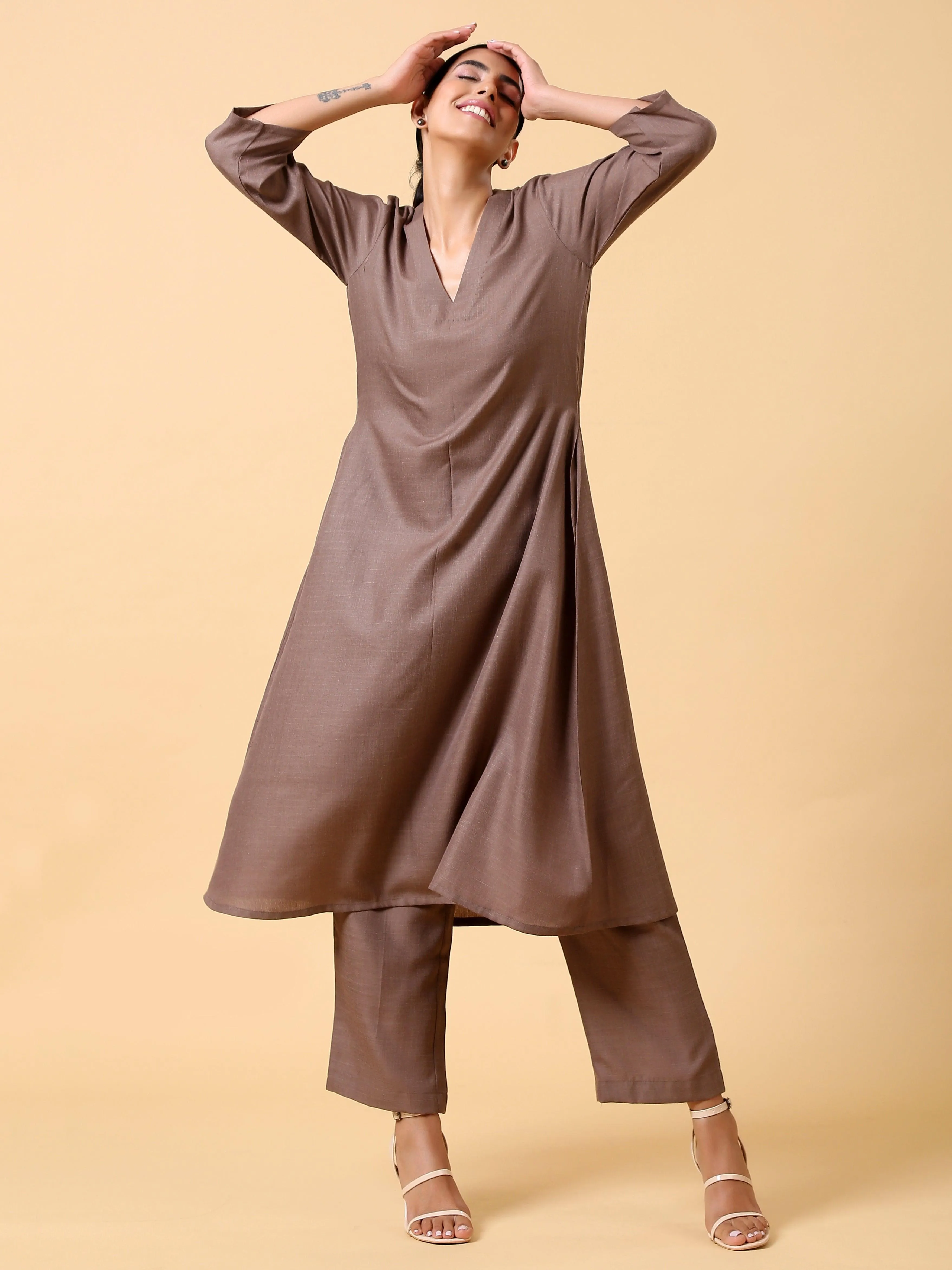 Cotton Linen Burnt Brown Kurta Pant Set | Relove