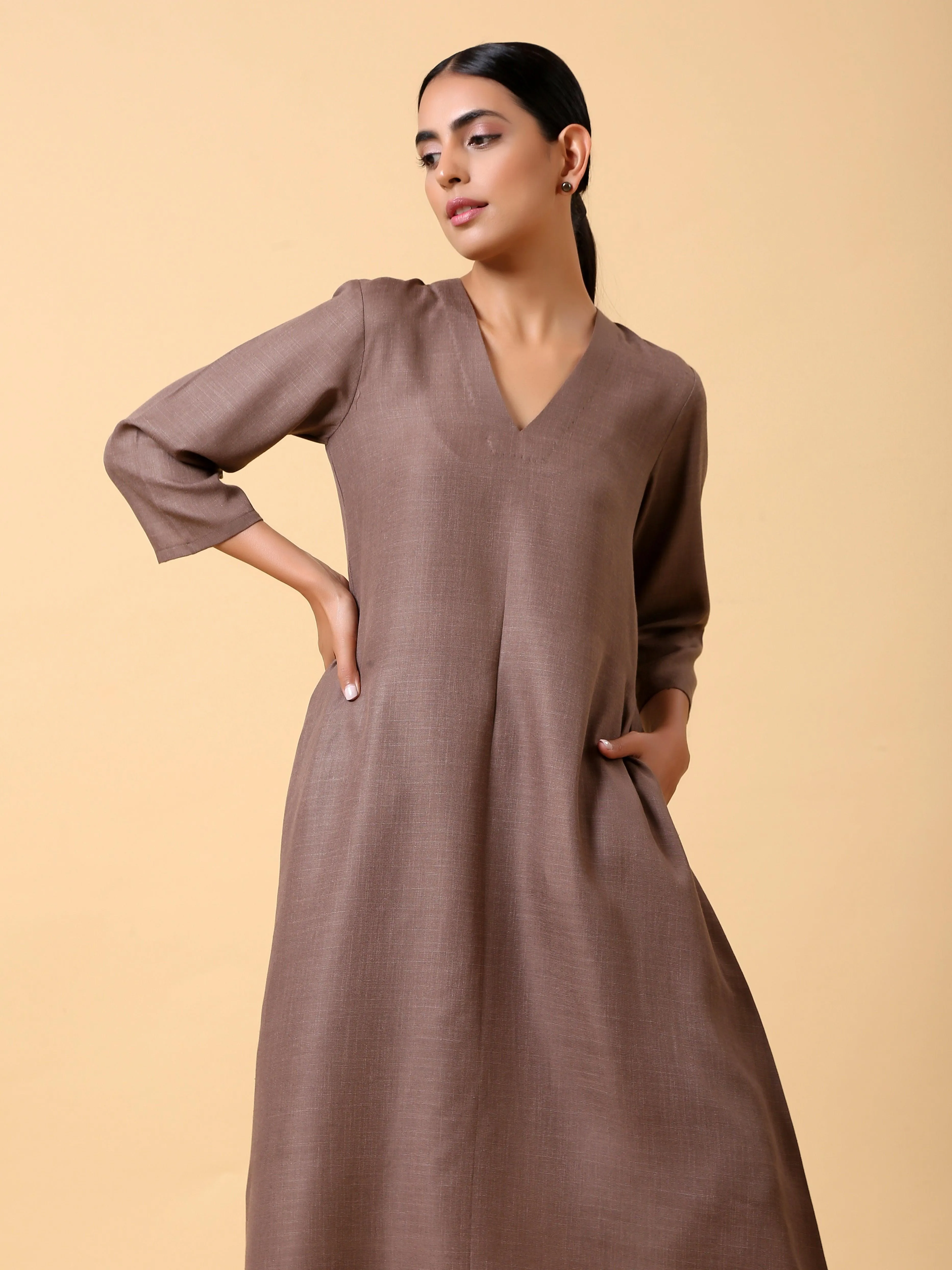 Cotton Linen Burnt Brown Kurta Pant Set | Relove