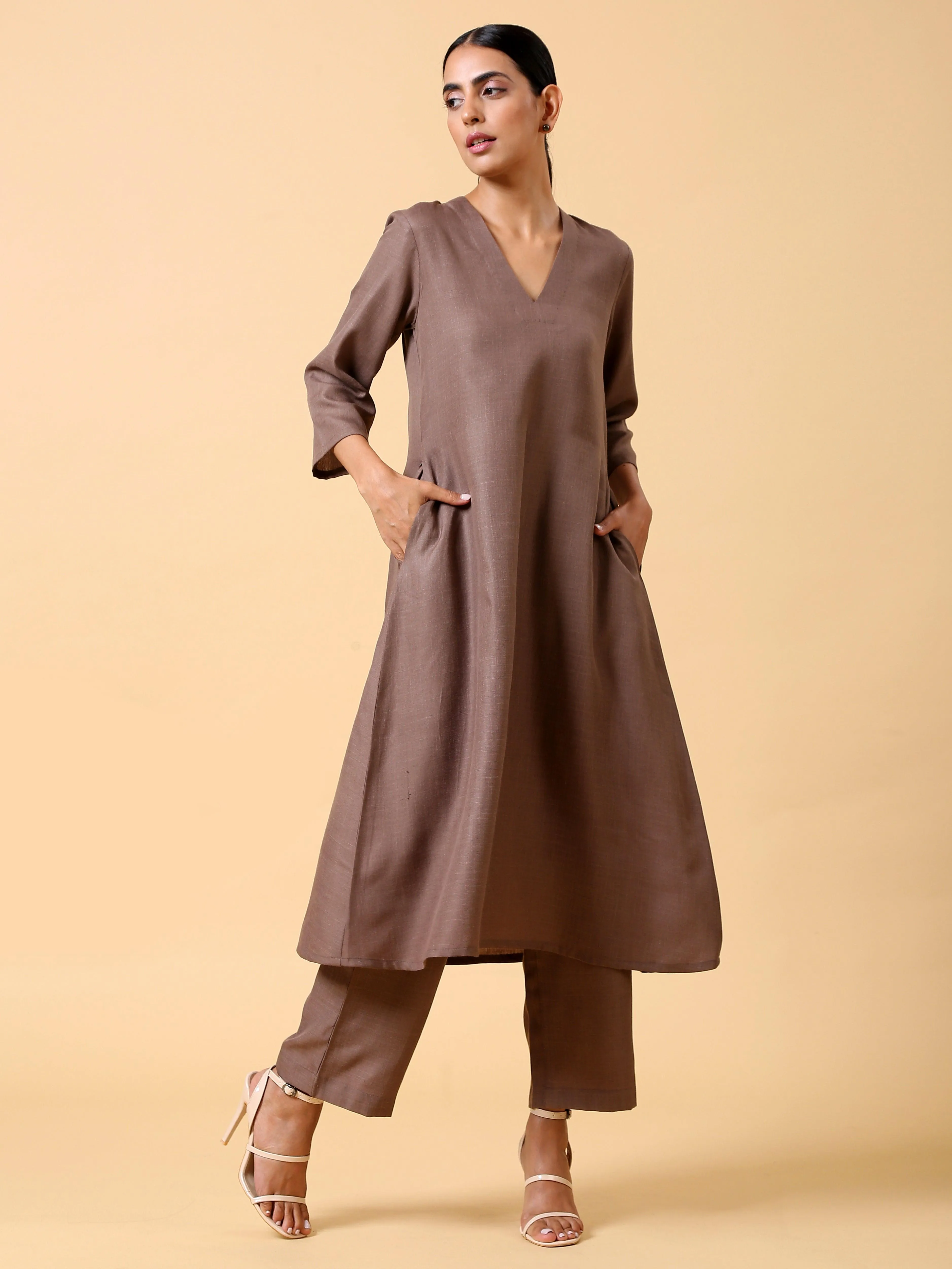 Cotton Linen Burnt Brown Kurta Pant Set | Relove