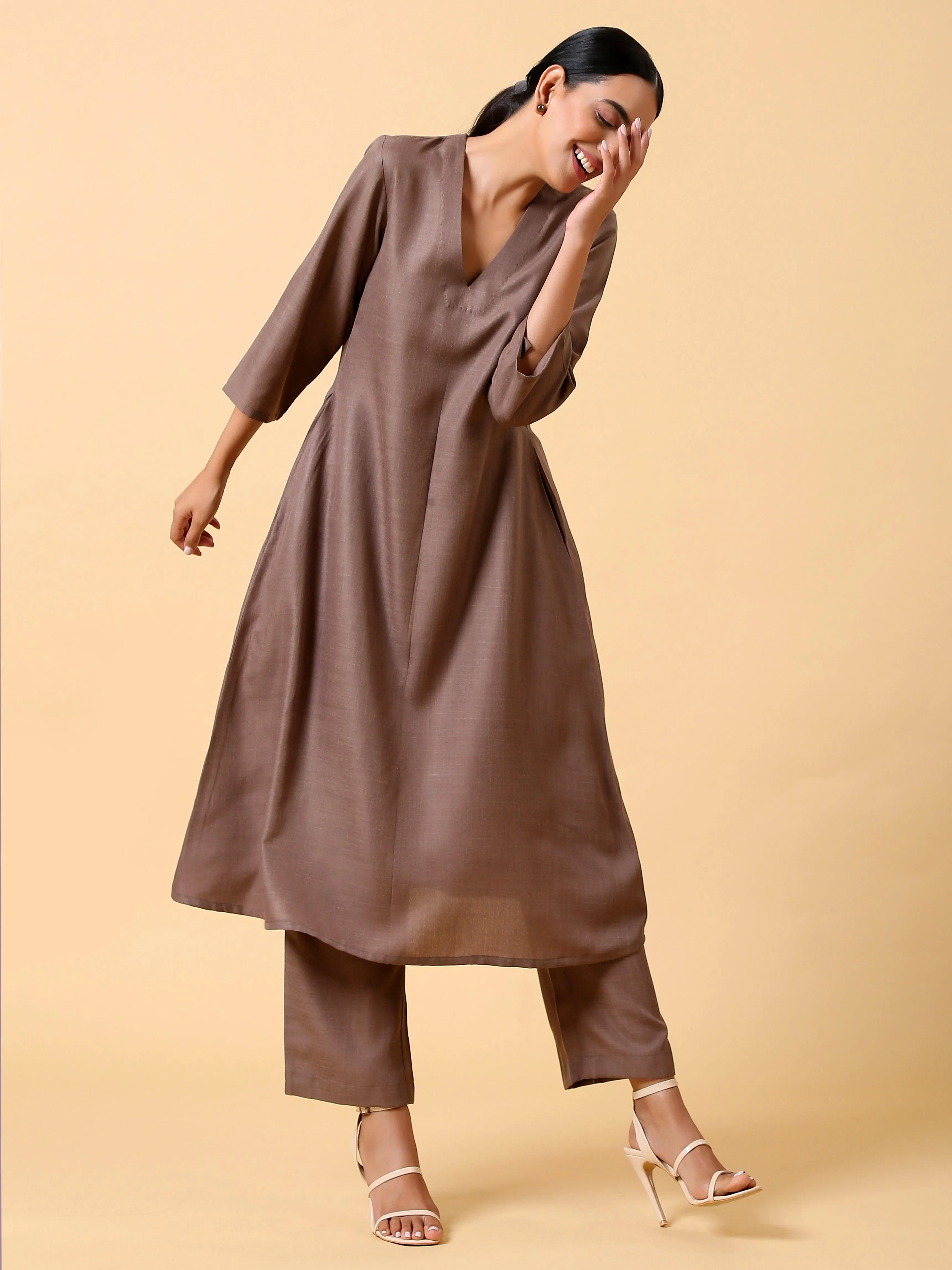 Cotton Linen Burnt Brown Kurta Pant Set | Relove