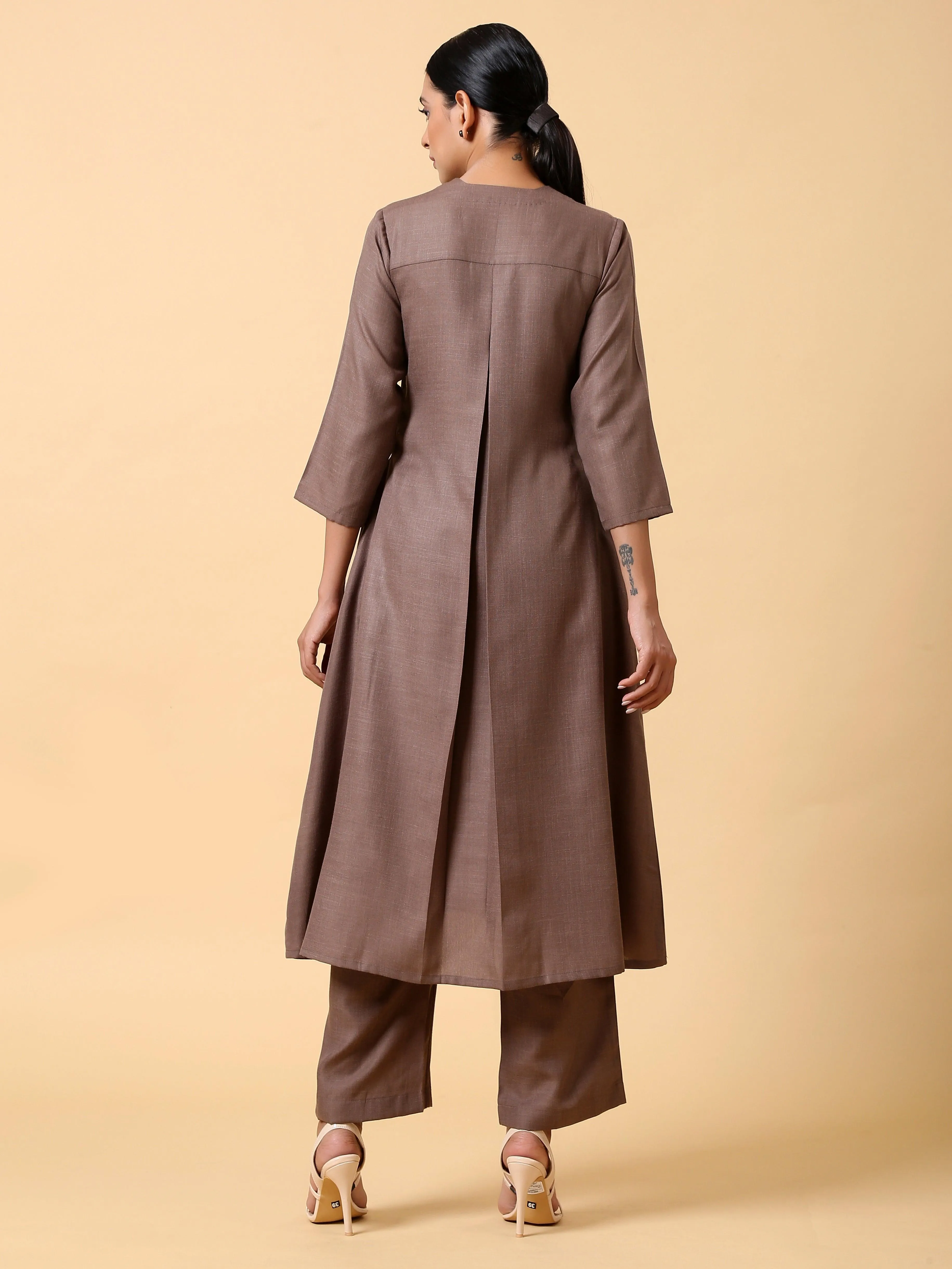 Cotton Linen Burnt Brown Kurta Pant Set | Relove