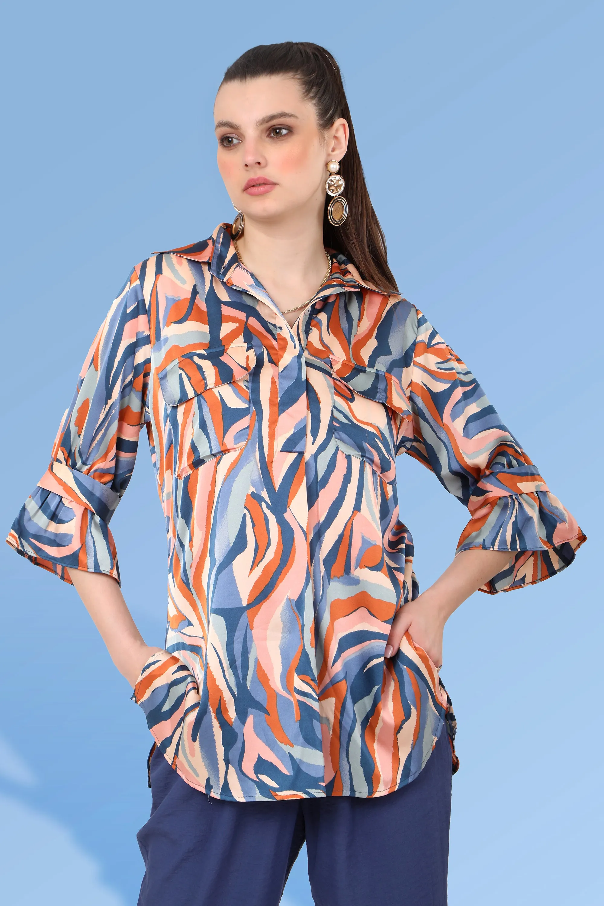 Cyan Printed Collared Tunic