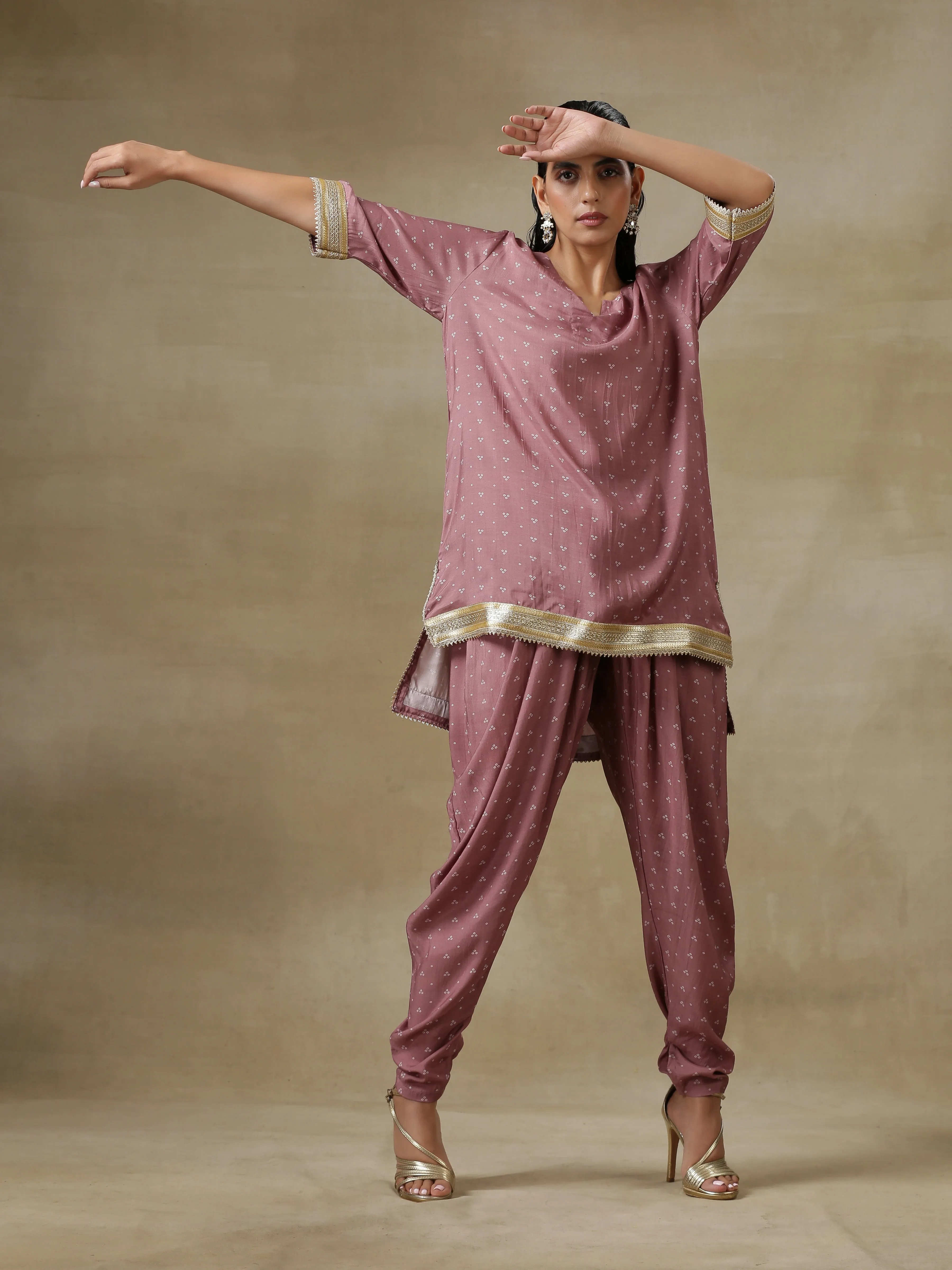 Dark Mauve Bandhani Printed Silk Loose Kurta Dhoti Pant Set | Relove