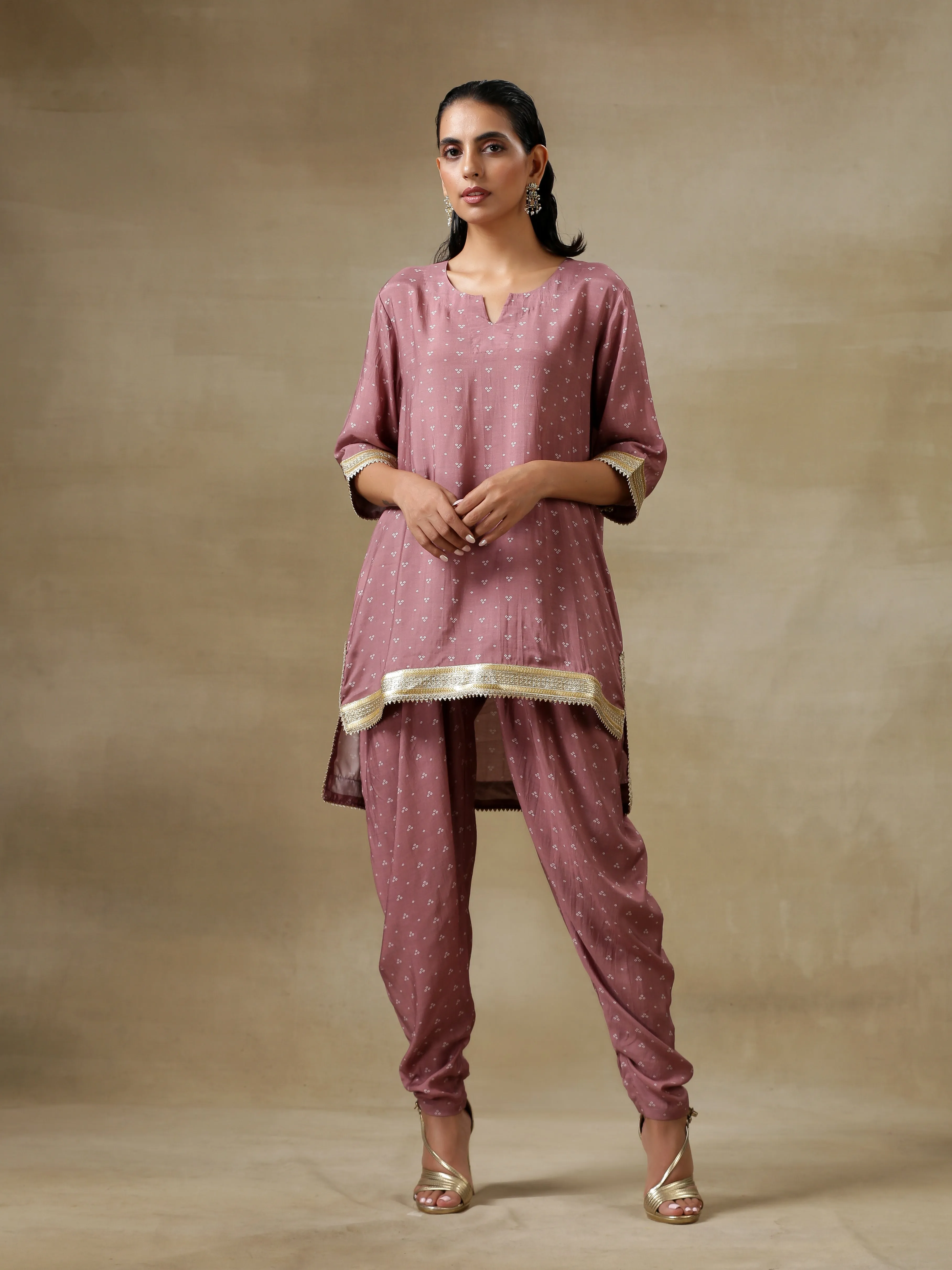 Dark Mauve Bandhani Printed Silk Loose Kurta Dhoti Pant Set | Relove