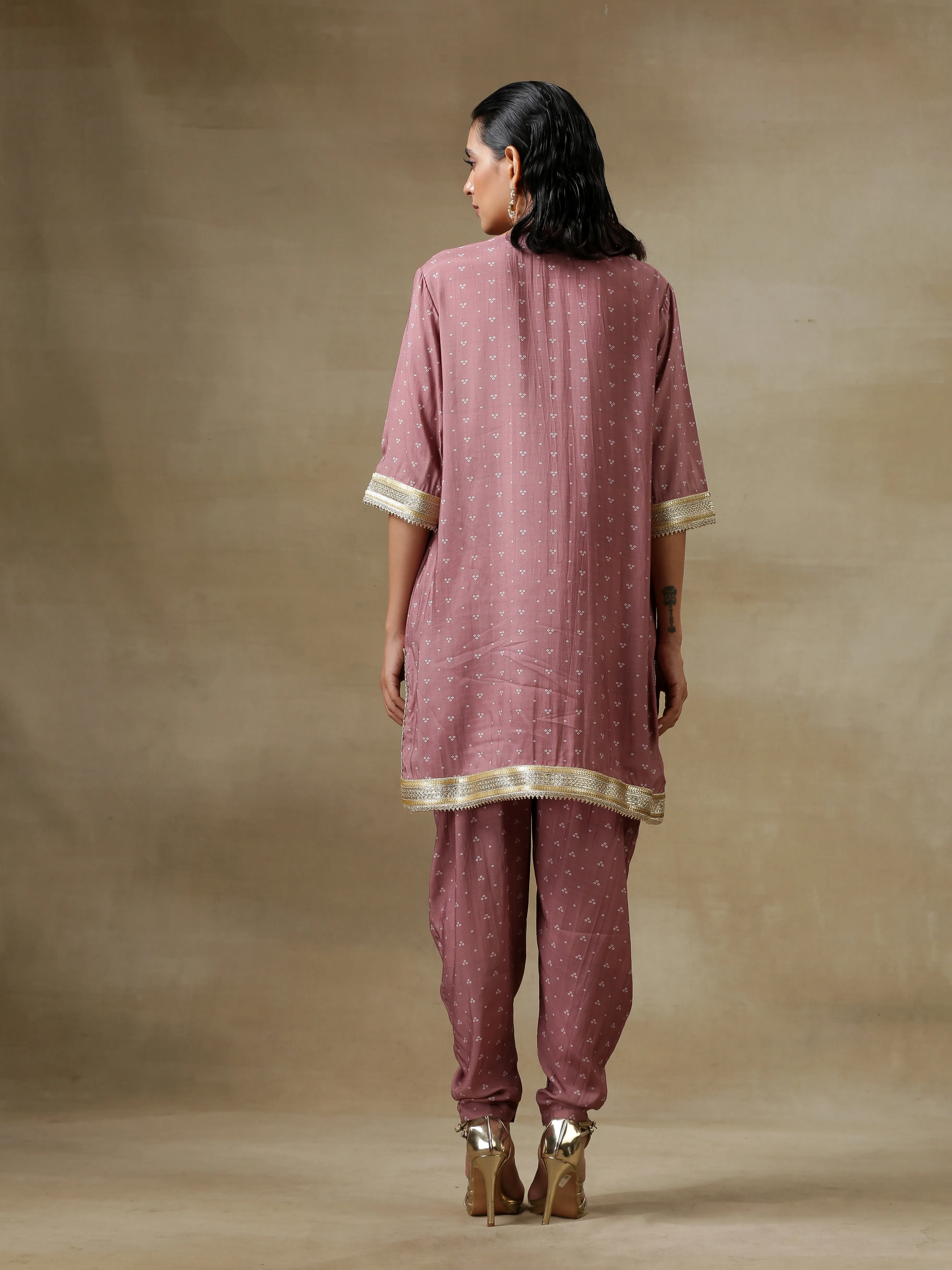 Dark Mauve Bandhani Printed Silk Loose Kurta Dhoti Pant Set | Relove