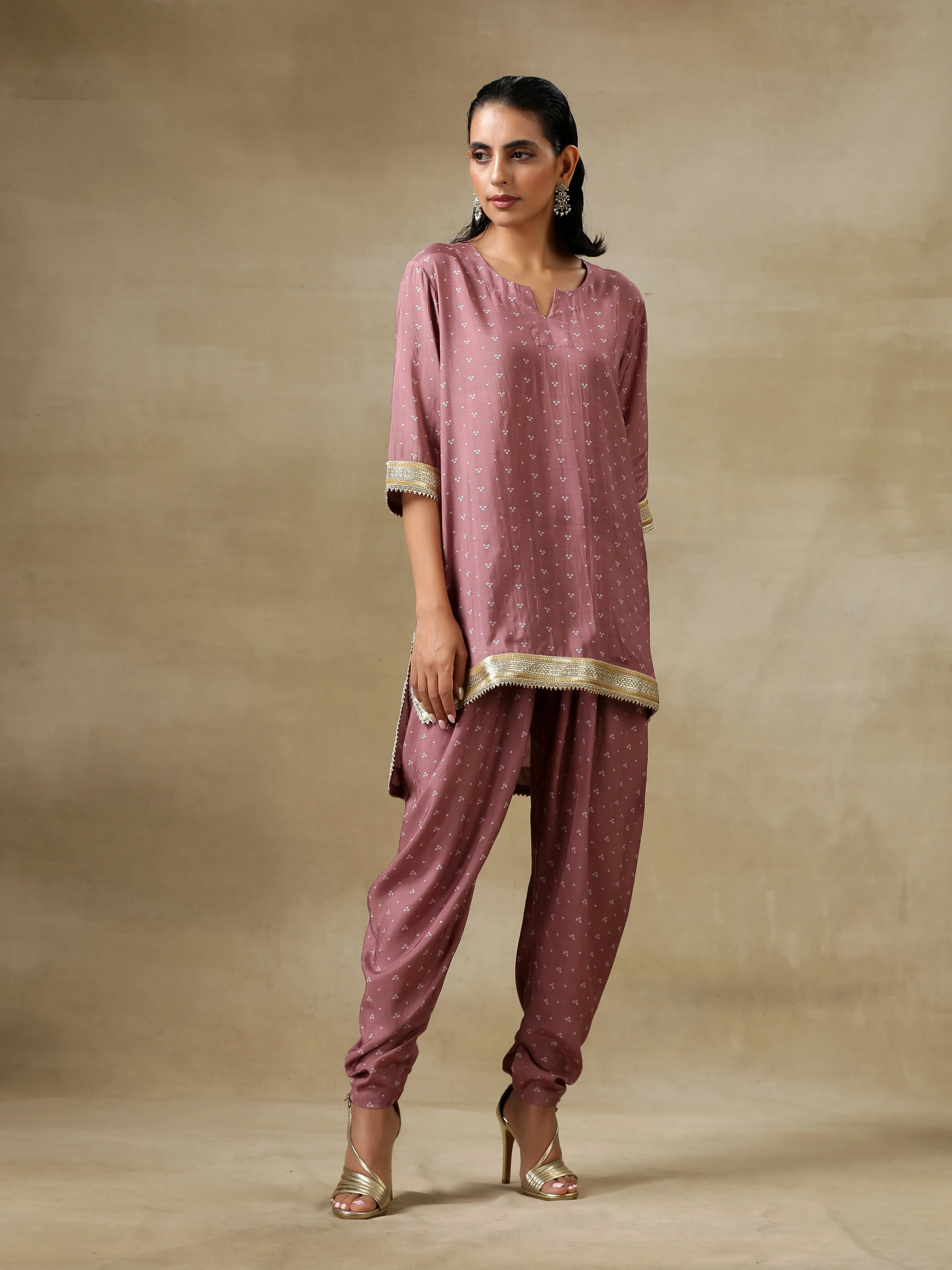 Dark Mauve Bandhani Printed Silk Loose Kurta Dhoti Pant Set | Relove