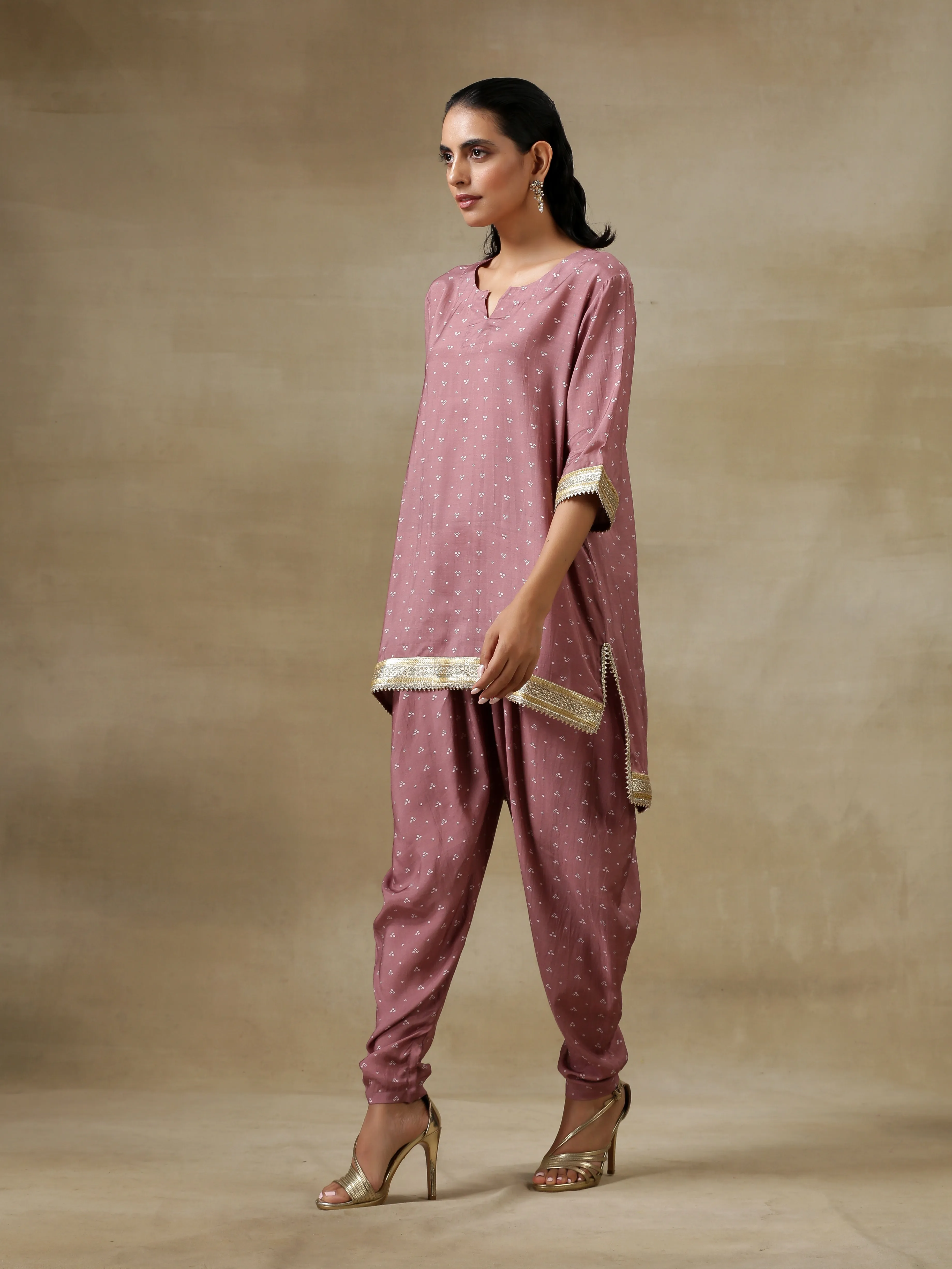 Dark Mauve Bandhani Printed Silk Loose Kurta Dhoti Pant Set | Relove