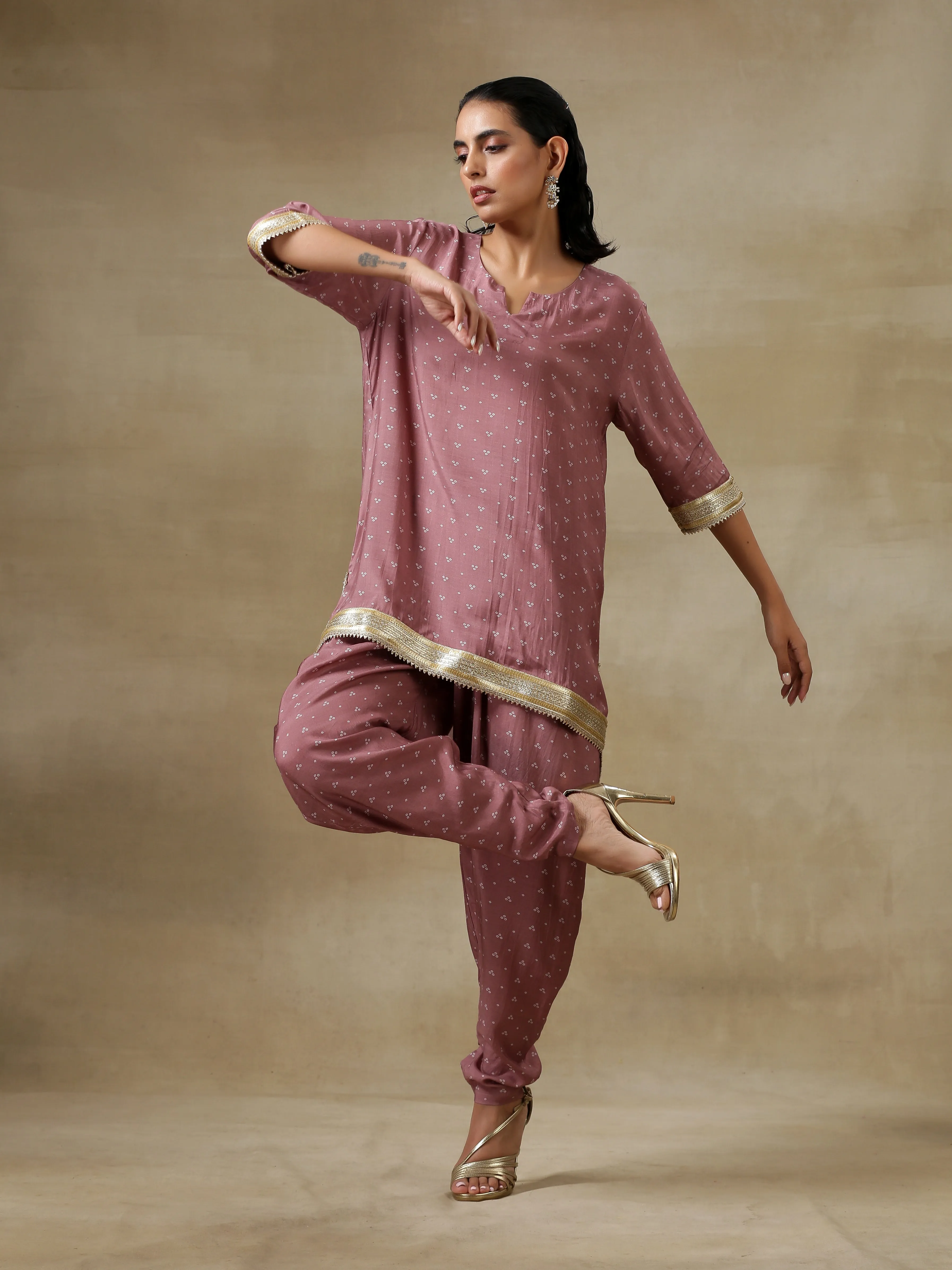 Dark Mauve Bandhani Printed Silk Loose Kurta Dhoti Pant Set | Relove