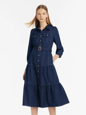 Denim Gathered Waist Women Midi Dress With Belt