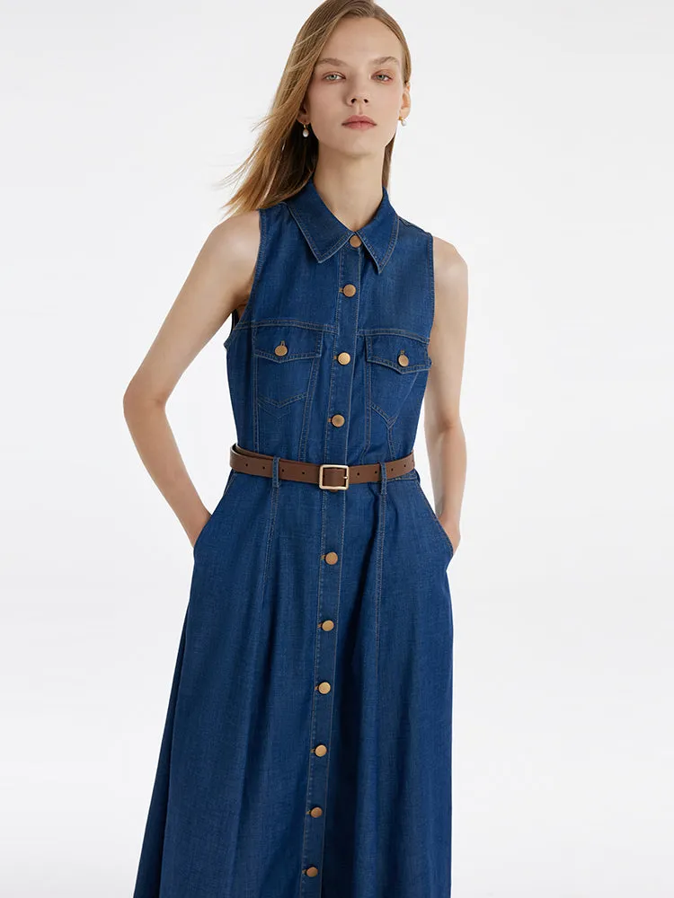 Denim Lapel Women Midi Vest Dress With Belt